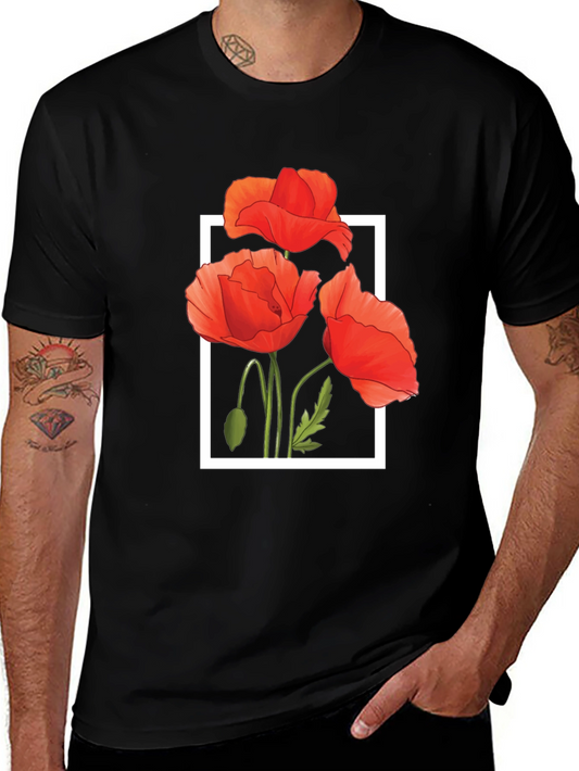 Black T-Shirt with Poppy Flower Design