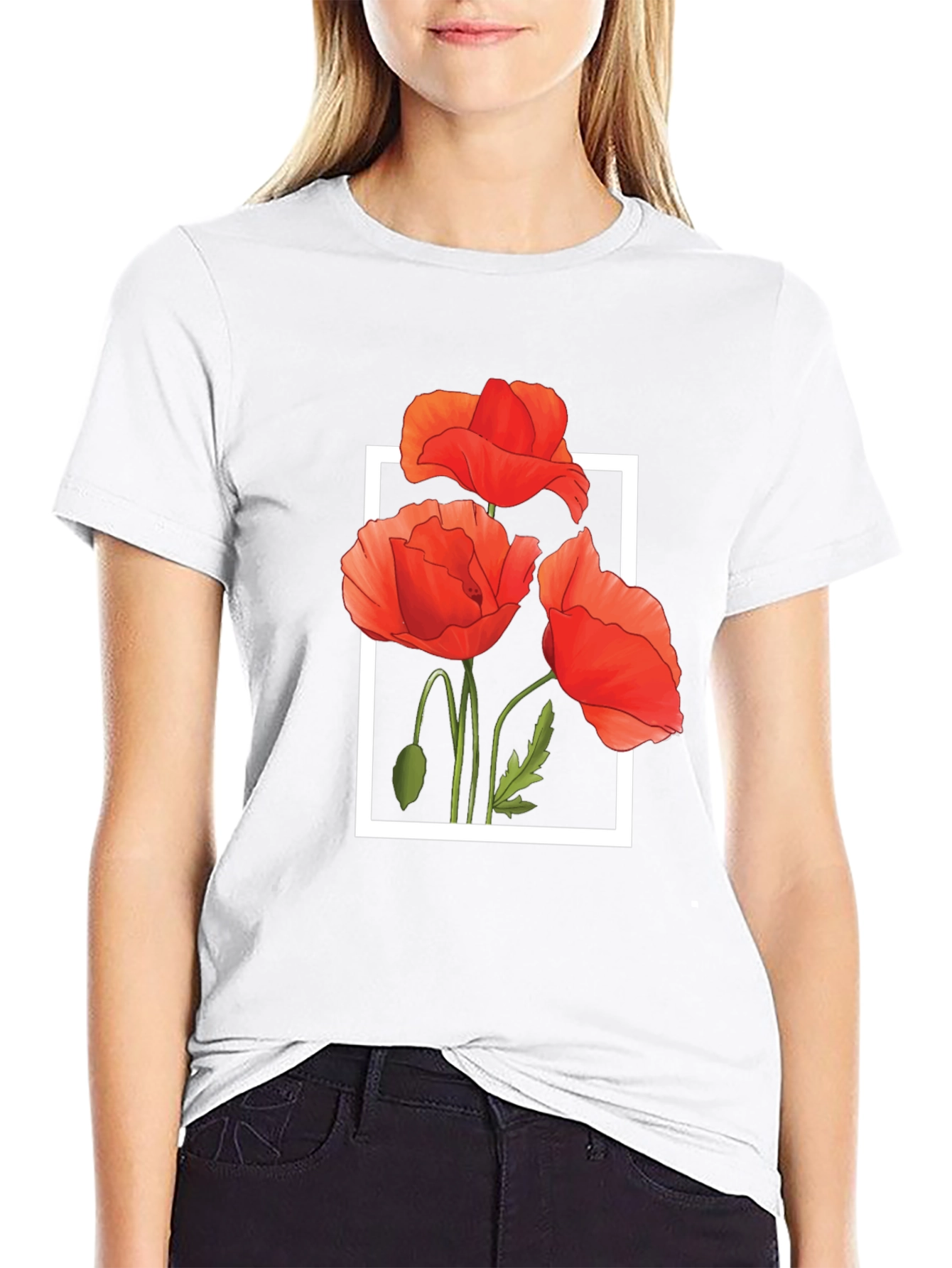 Black T-Shirt with Poppy Flower Design