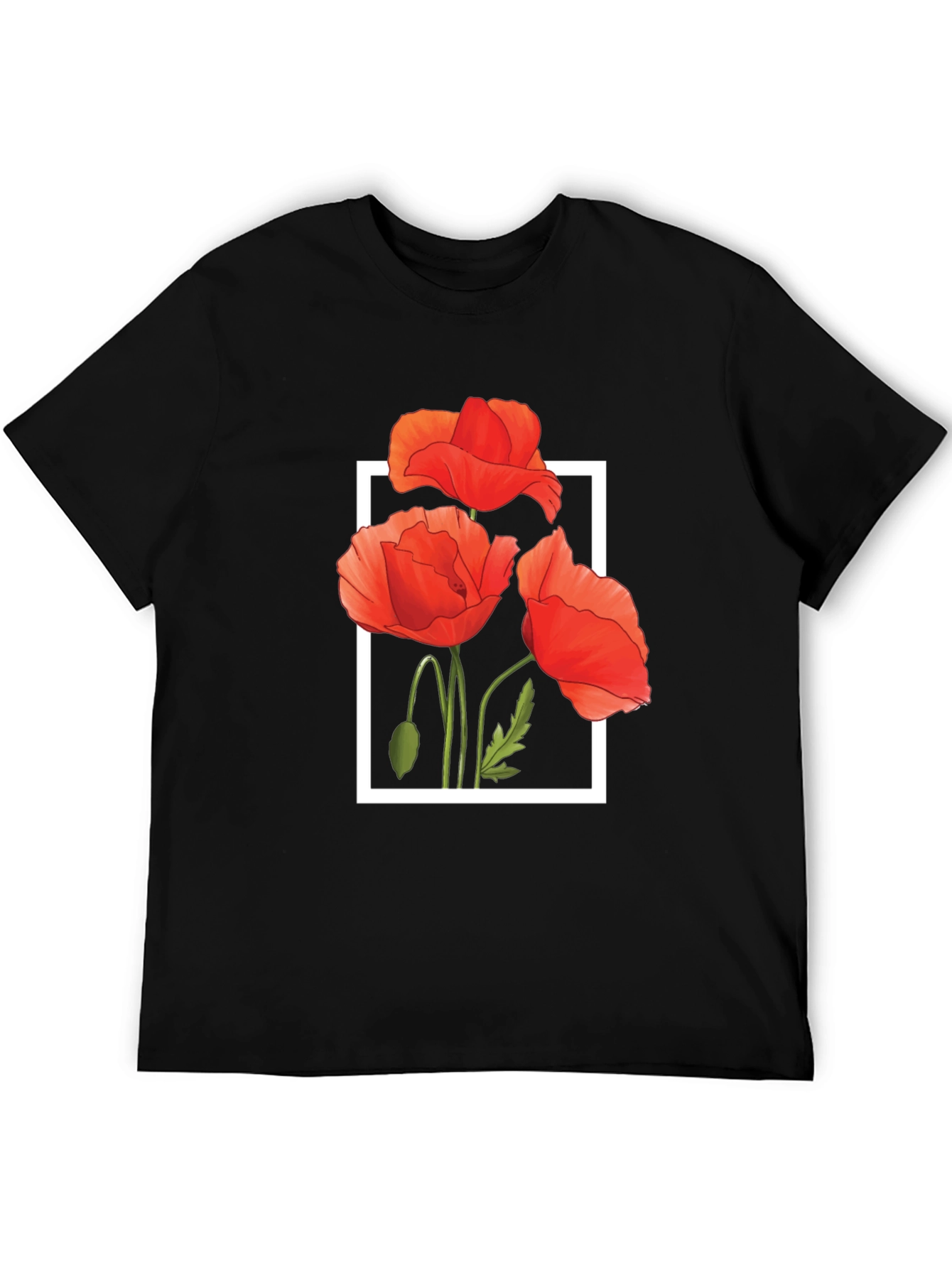 Black T-Shirt with Poppy Flower Design