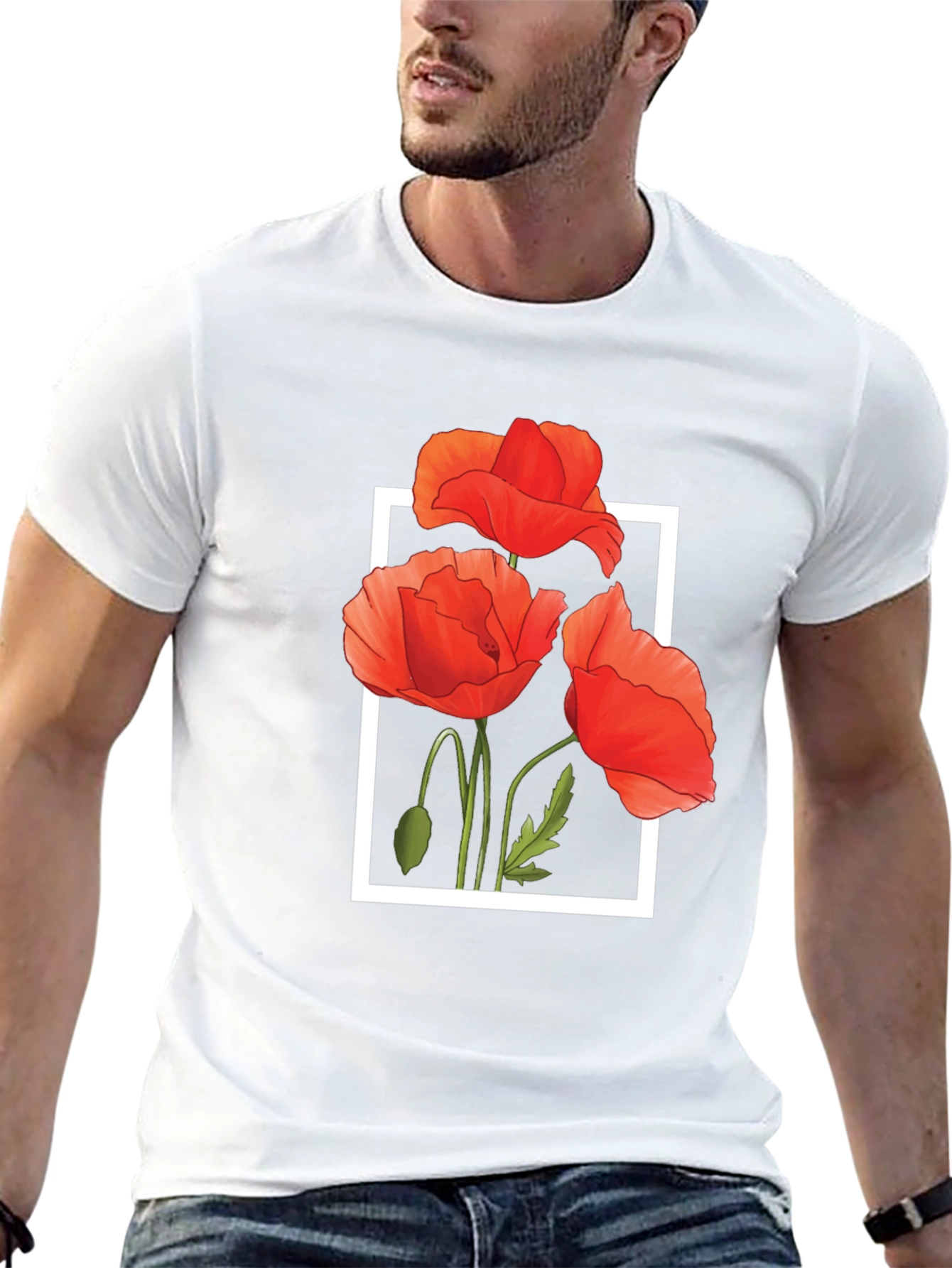 Black T-Shirt with Poppy Flower Design