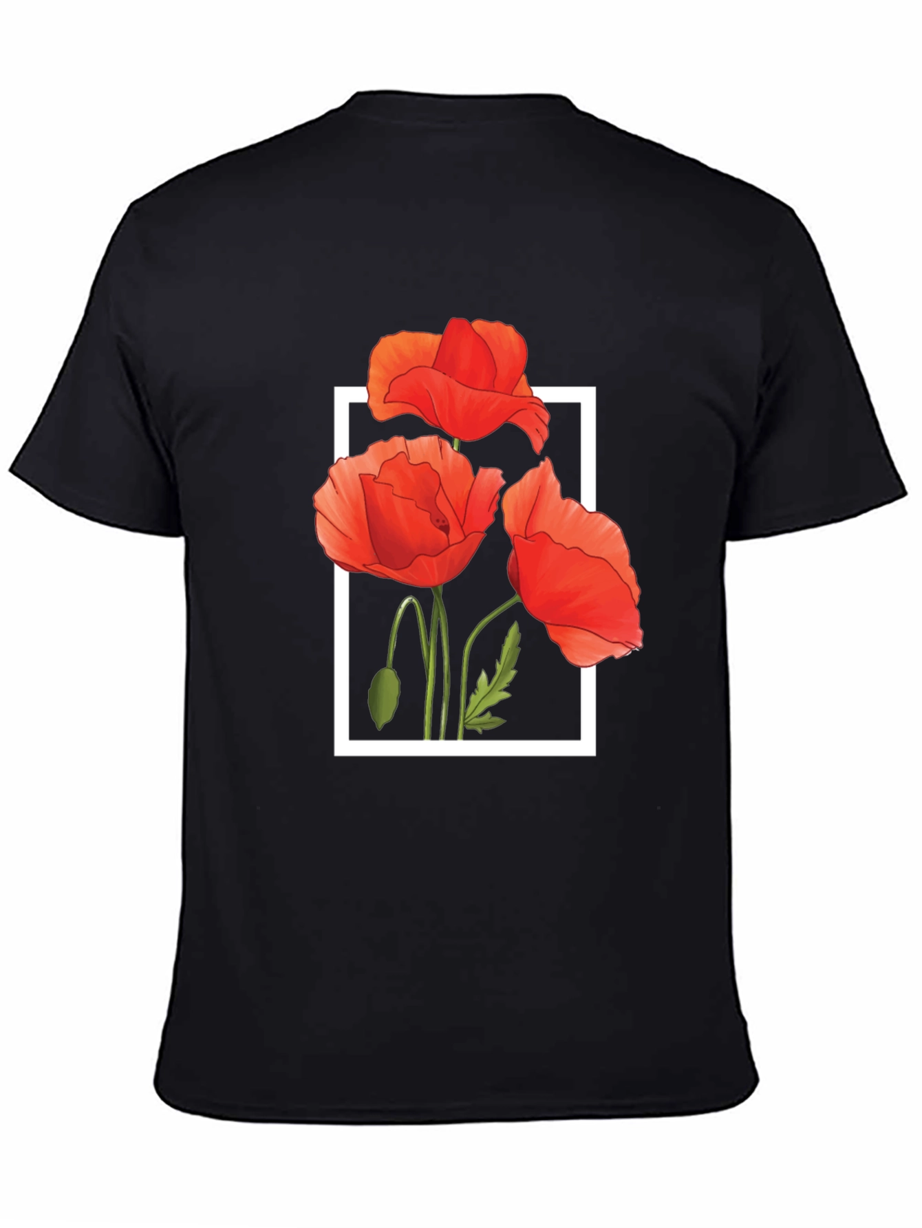 Black T-Shirt with Poppy Flower Design