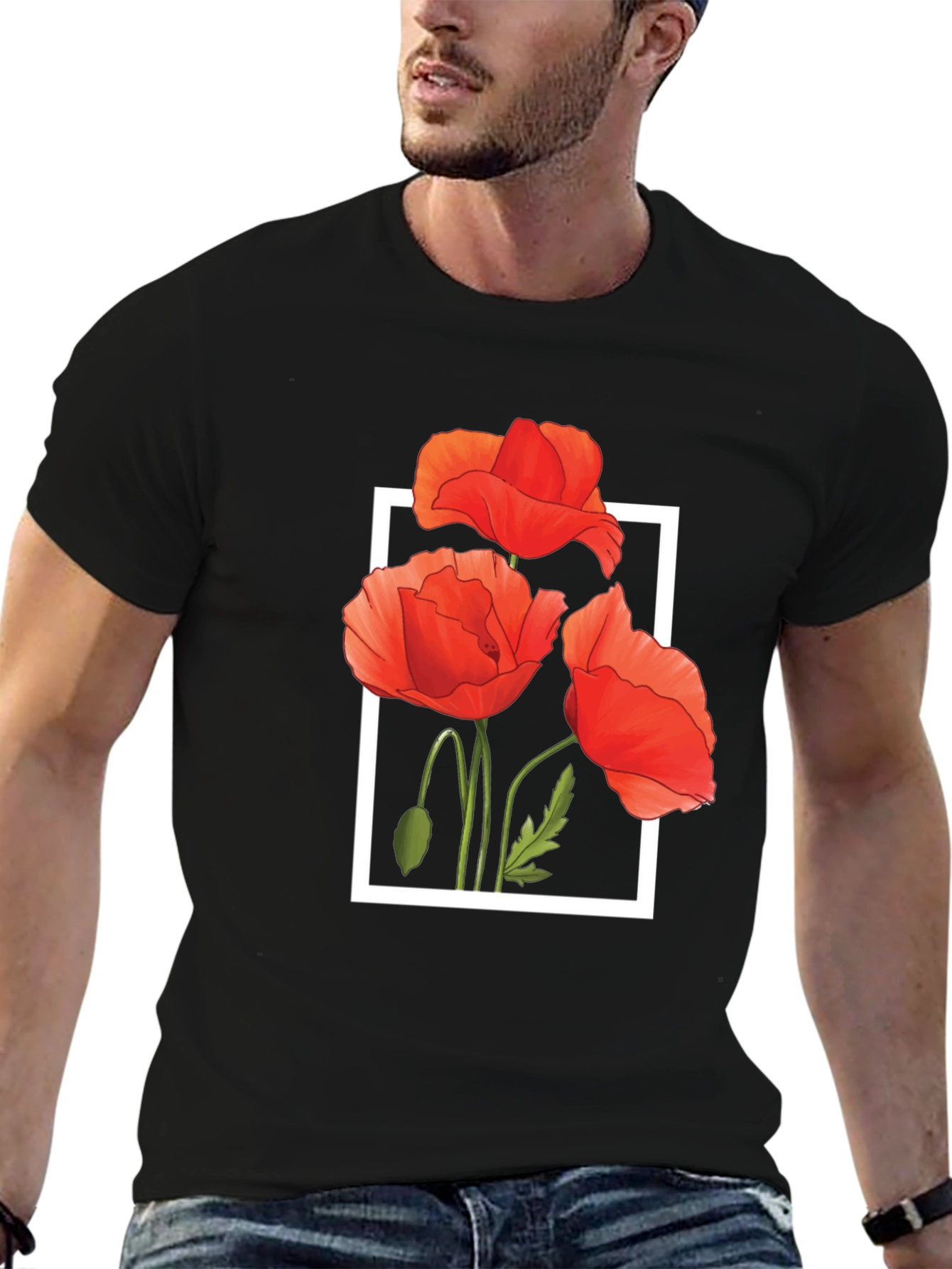 Black T-Shirt with Poppy Flower Design