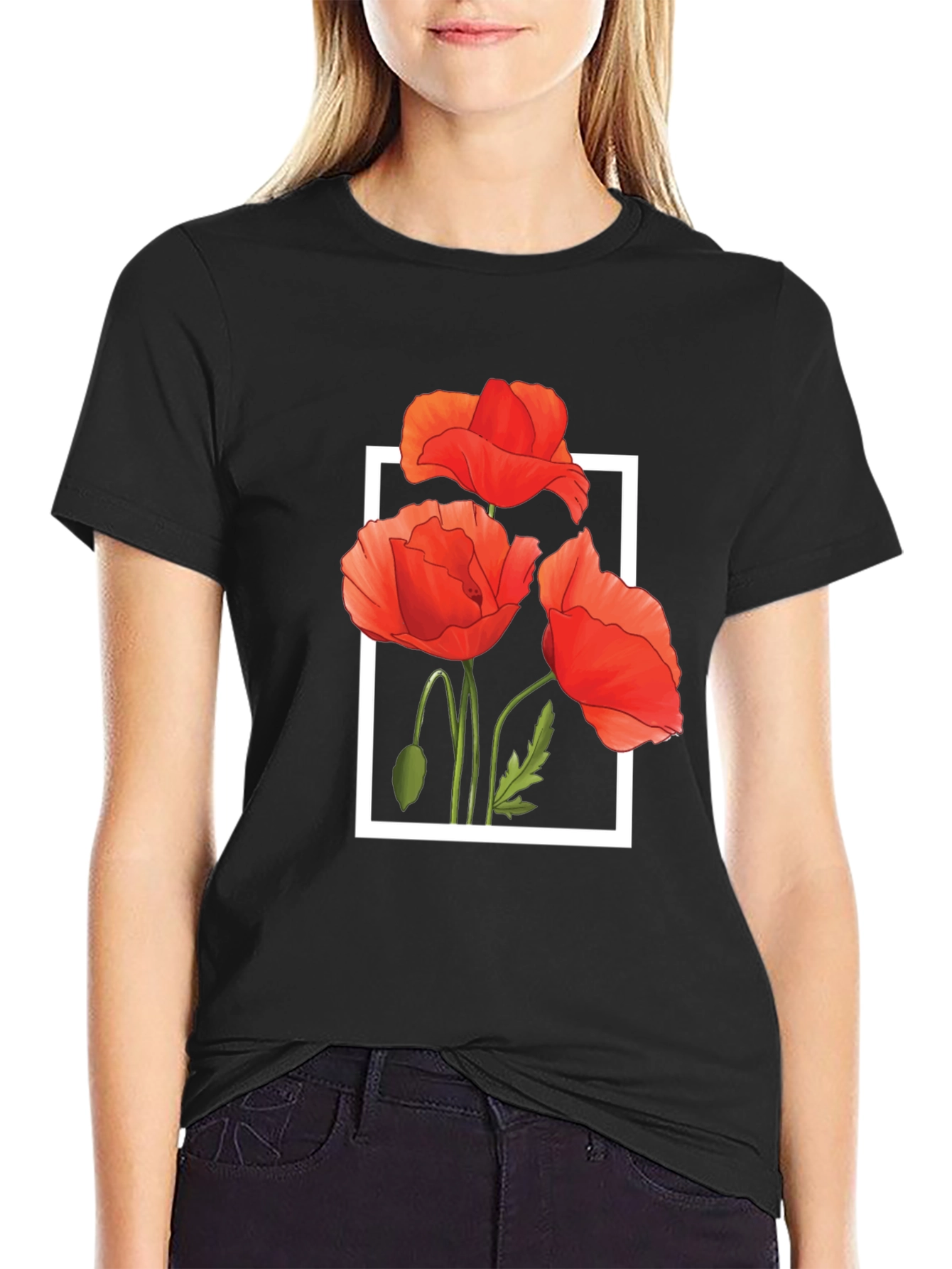 Black T-Shirt with Poppy Flower Design