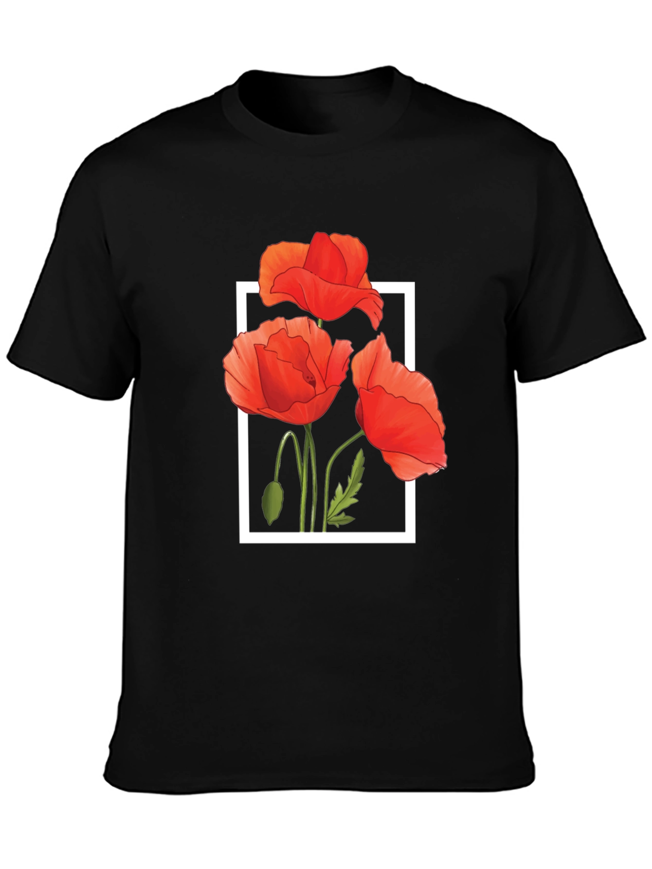 Black T-Shirt with Poppy Flower Design