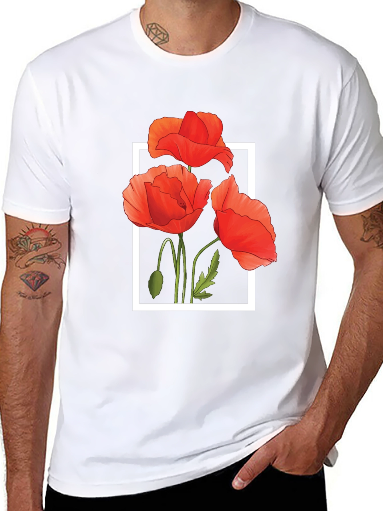 Black T-Shirt with Poppy Flower Design