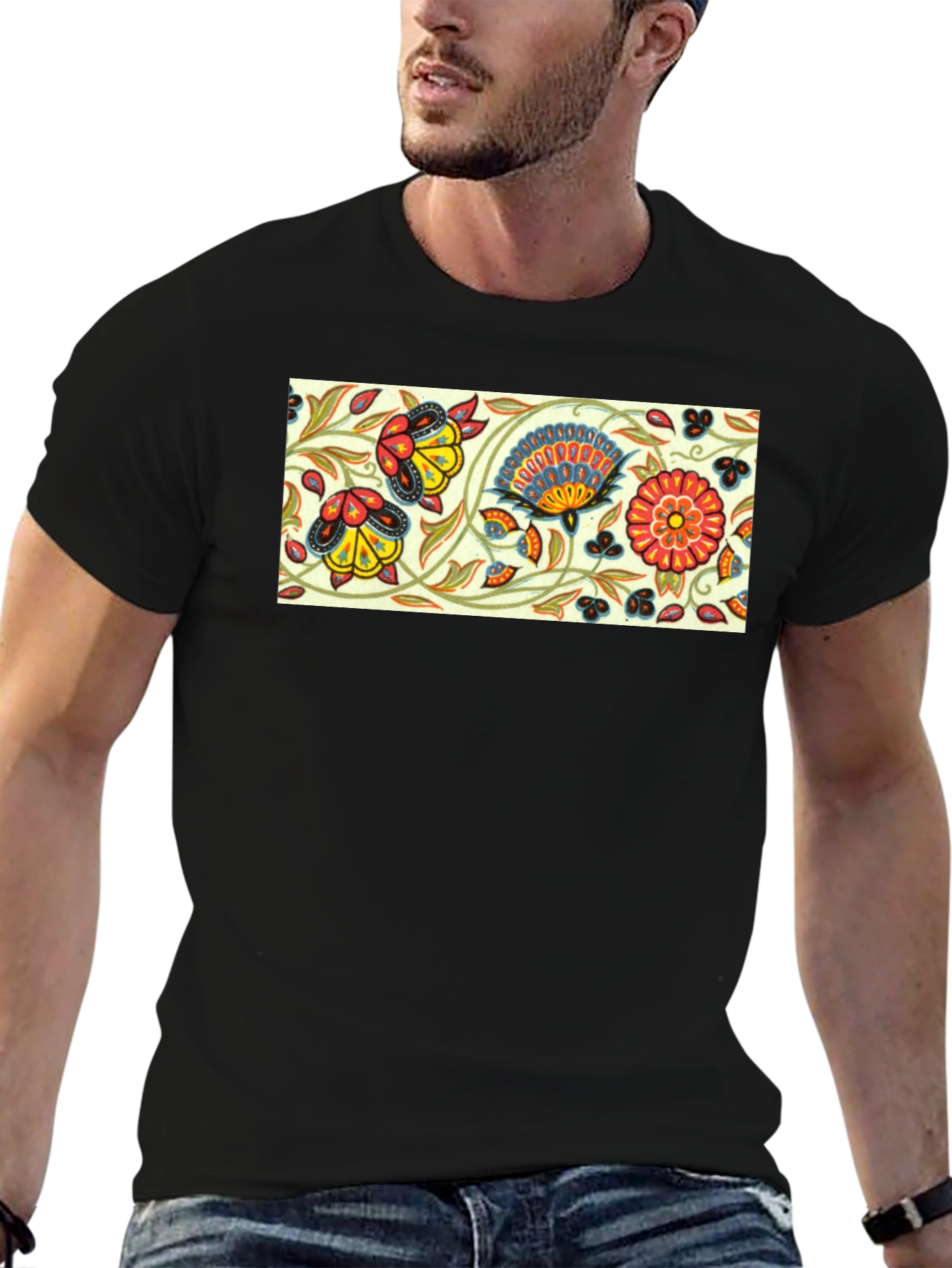 Floral Pattern Black T-Shirt