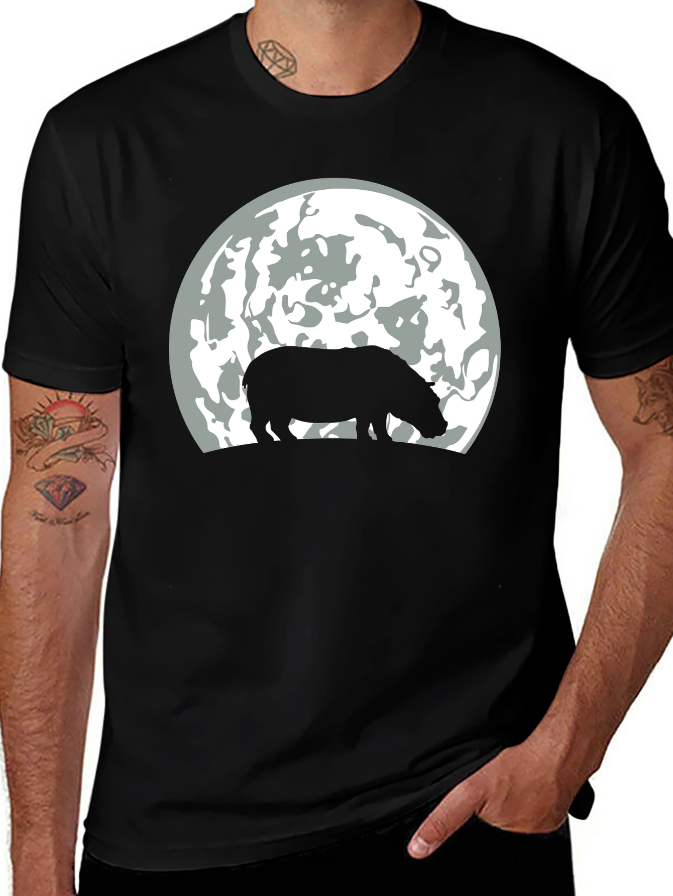 Hippo Silhouette Moon Graphic T-Shirt - Black