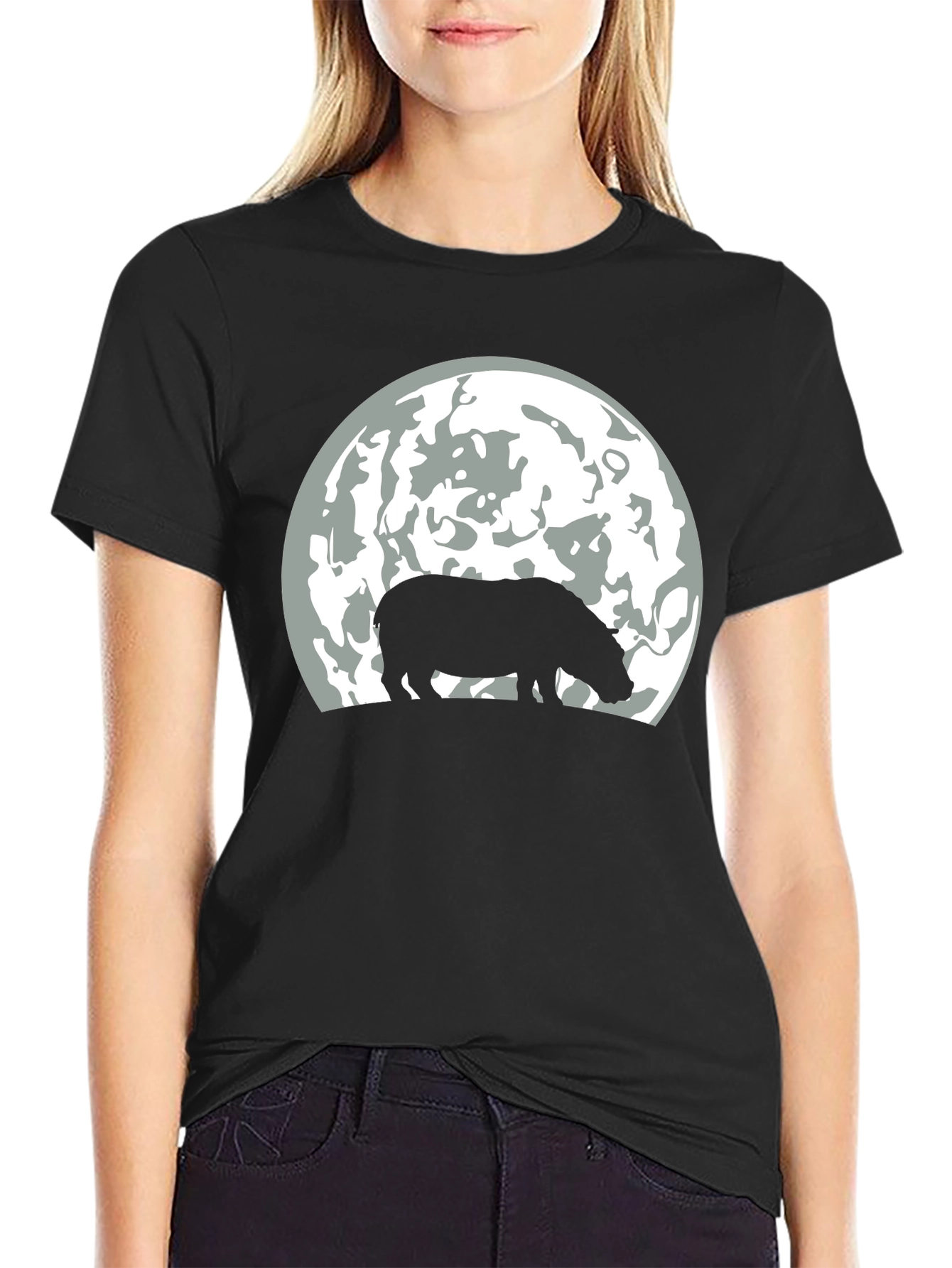 Hippo Silhouette Moon Graphic T-Shirt - Black