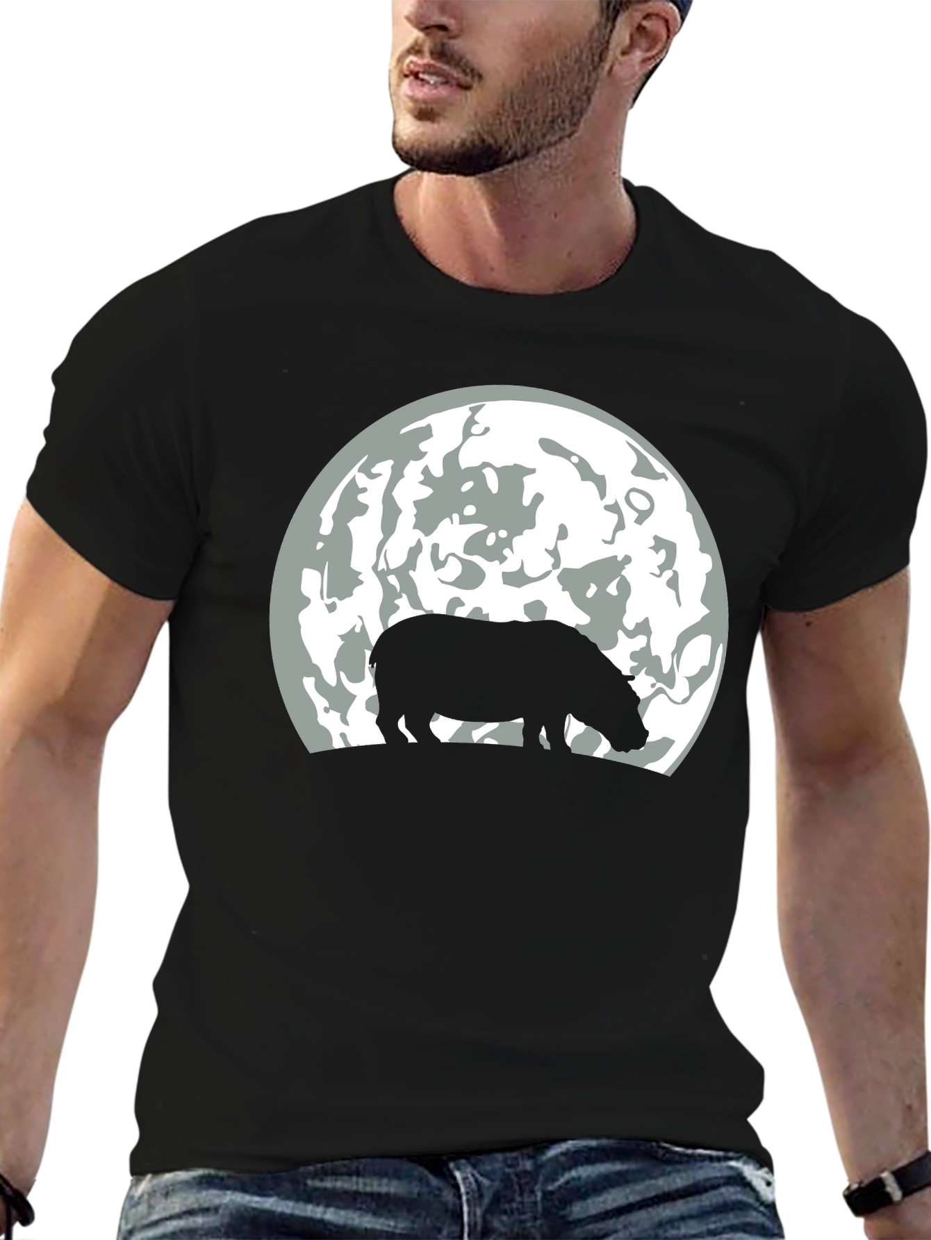 Hippo Silhouette Moon Graphic T-Shirt - Black