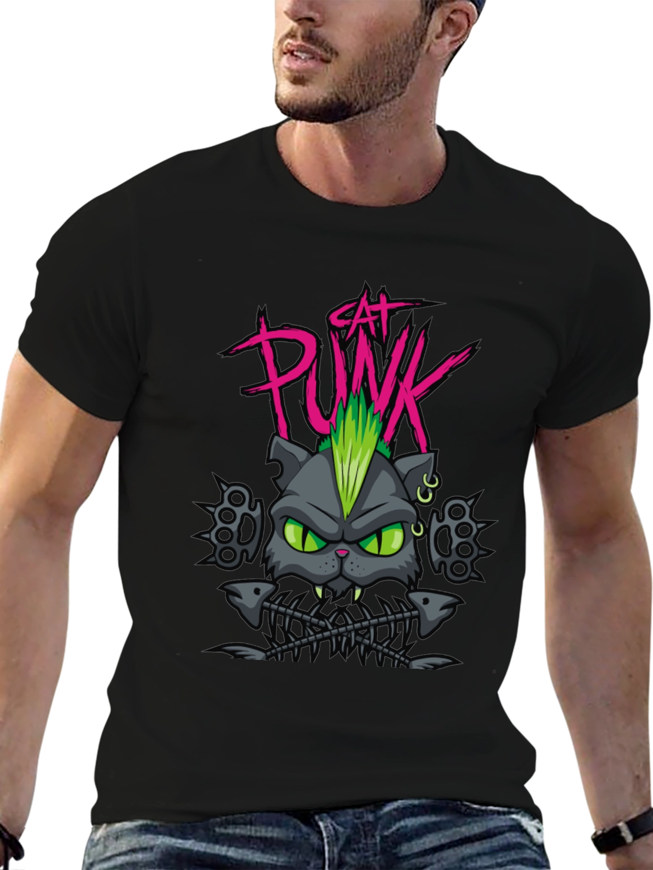 Cat Punk Graphic Tee - Mens Black T-Shirt