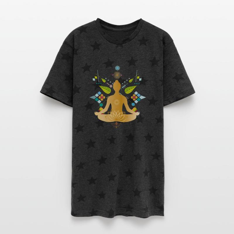 Golden yoga silhouette with colorful elements