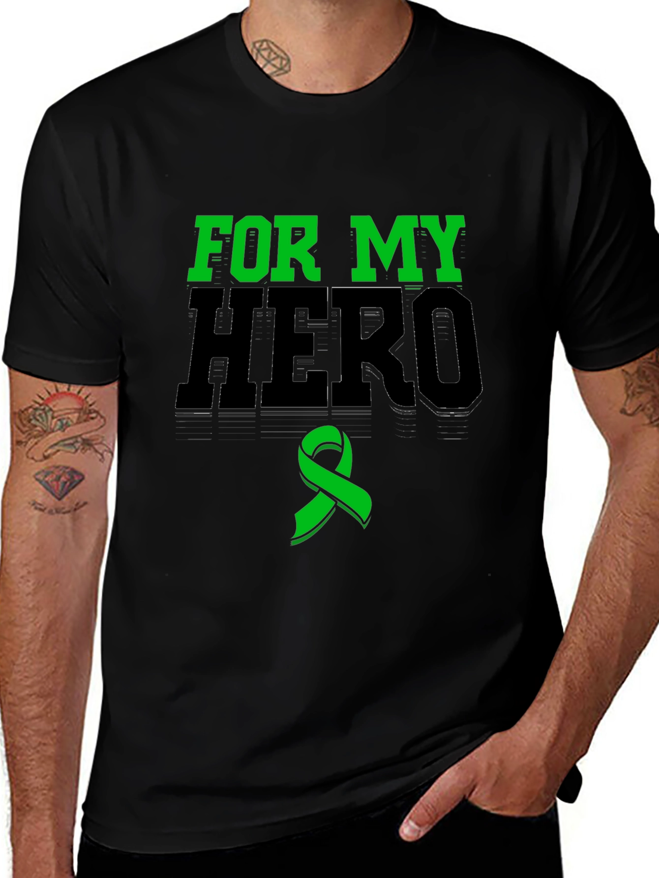 For My Hero Black T-Shirt Green Ribbon