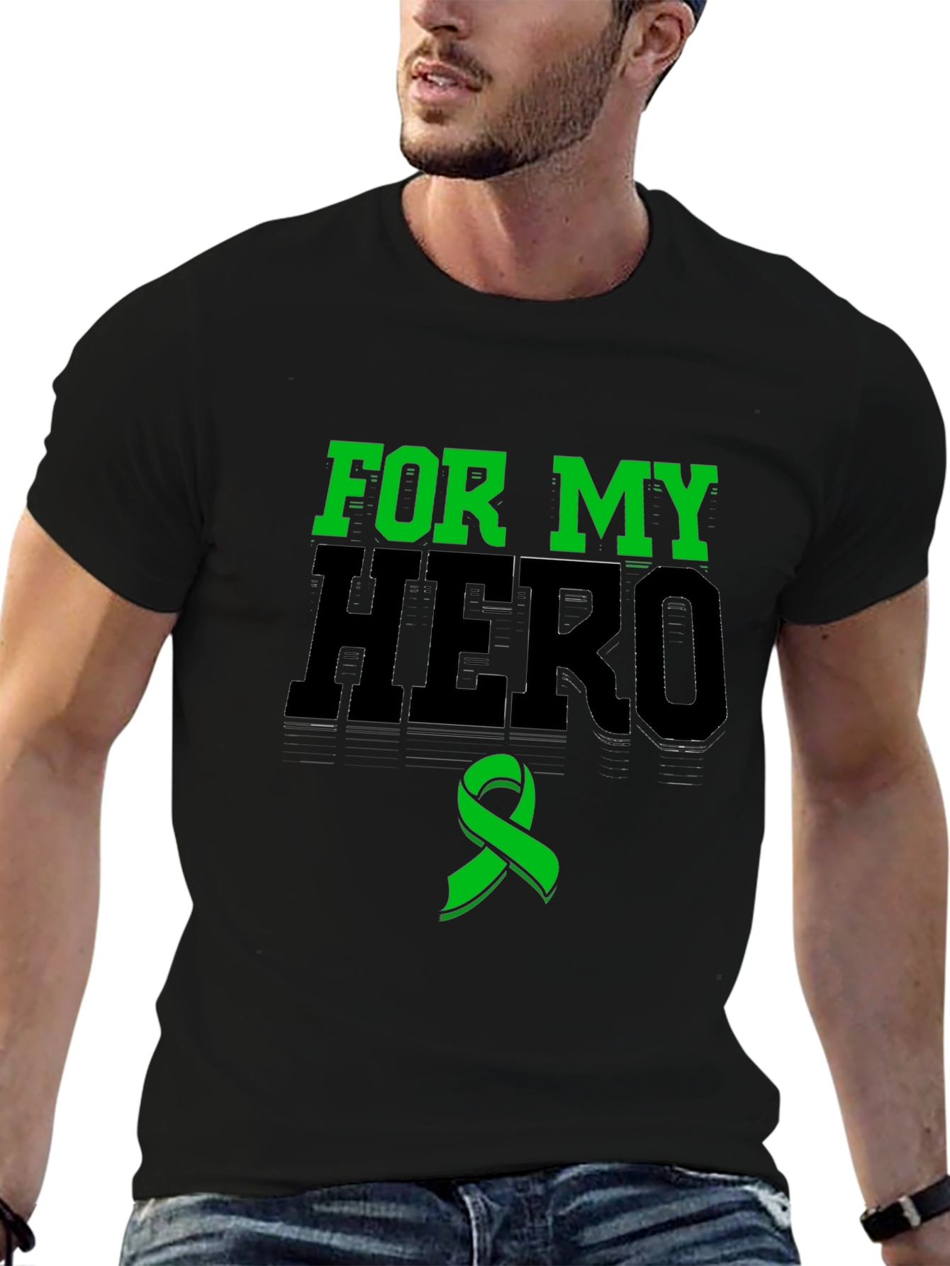 For My Hero Black T-Shirt Green Ribbon