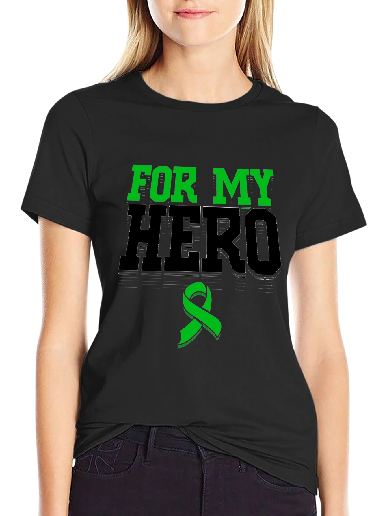 For My Hero Black T-Shirt Green Ribbon