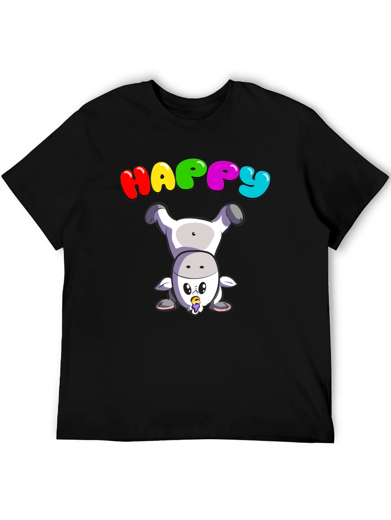 Happy Upside Down Cow Black T-Shirt