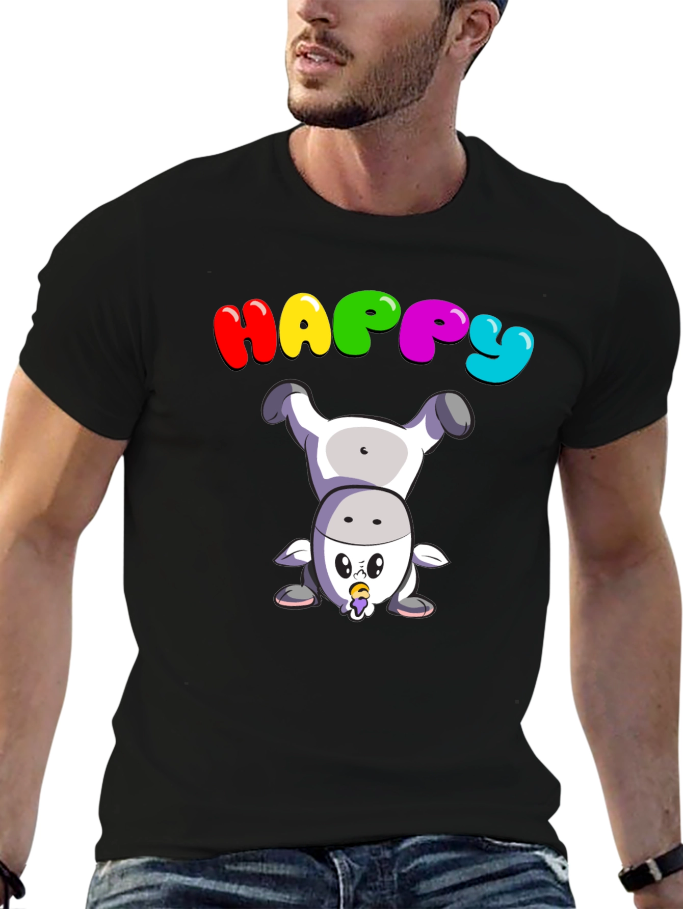Happy Upside Down Cow Black T-Shirt