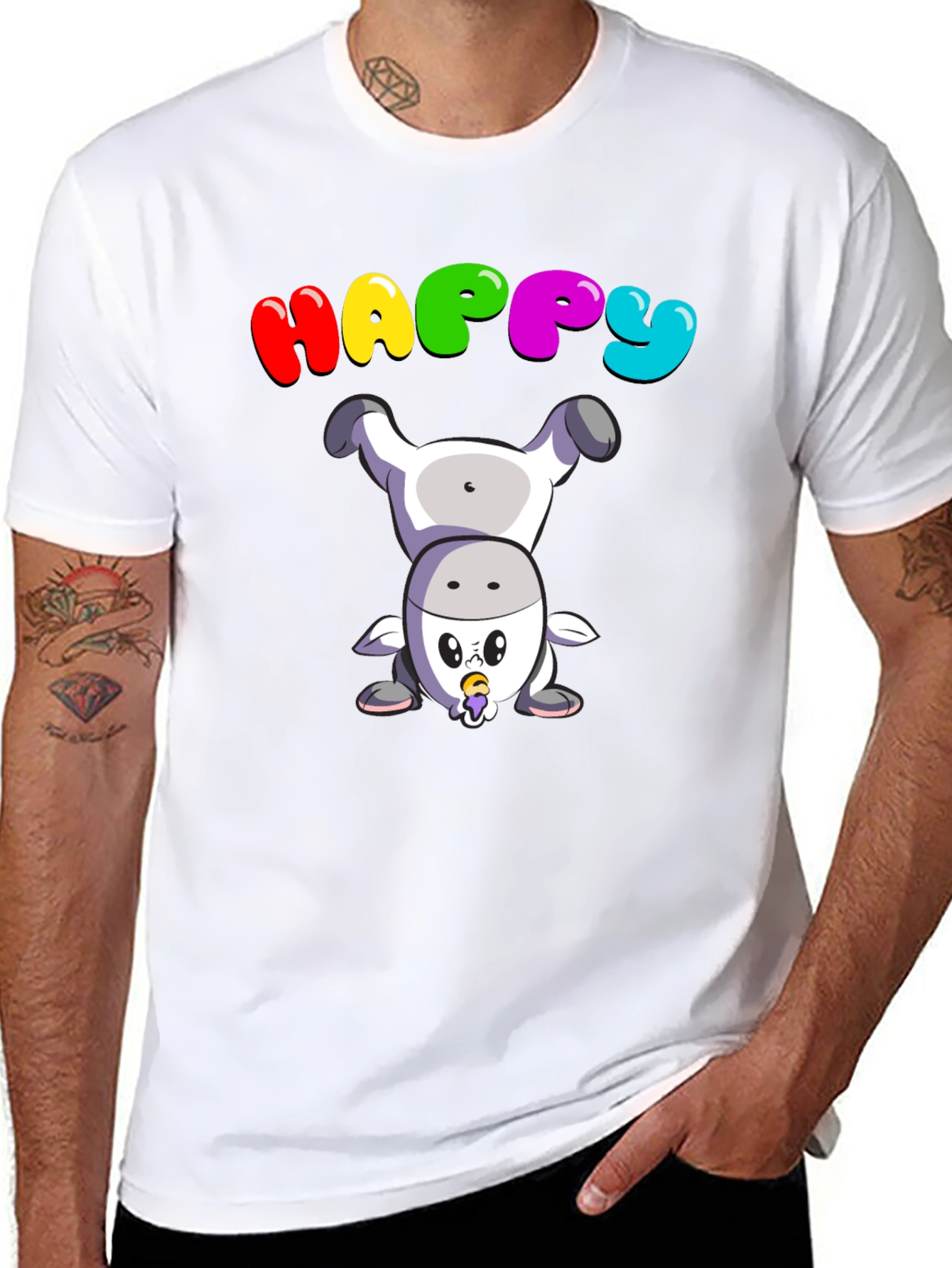 Happy Upside Down Cow Black T-Shirt