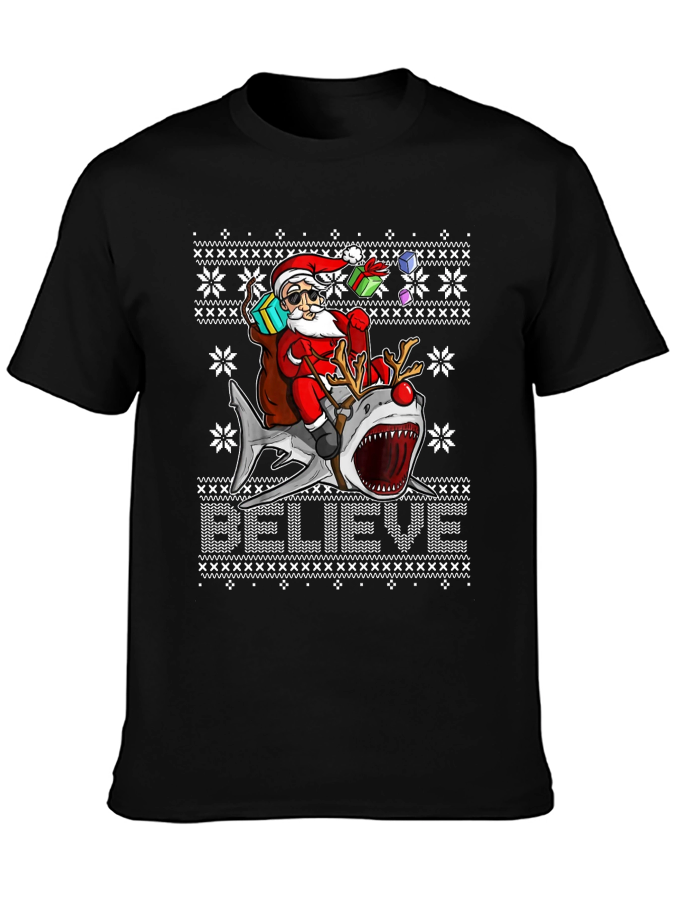 Santa Riding Shark Ugly Christmas Sweater T-Shirt