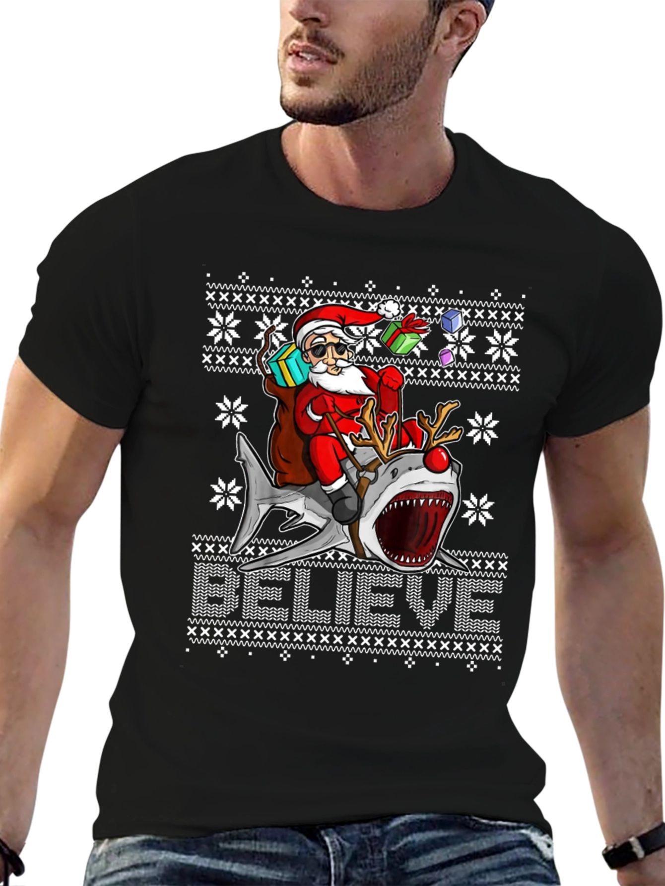 Santa Riding Shark Ugly Christmas Sweater T-Shirt