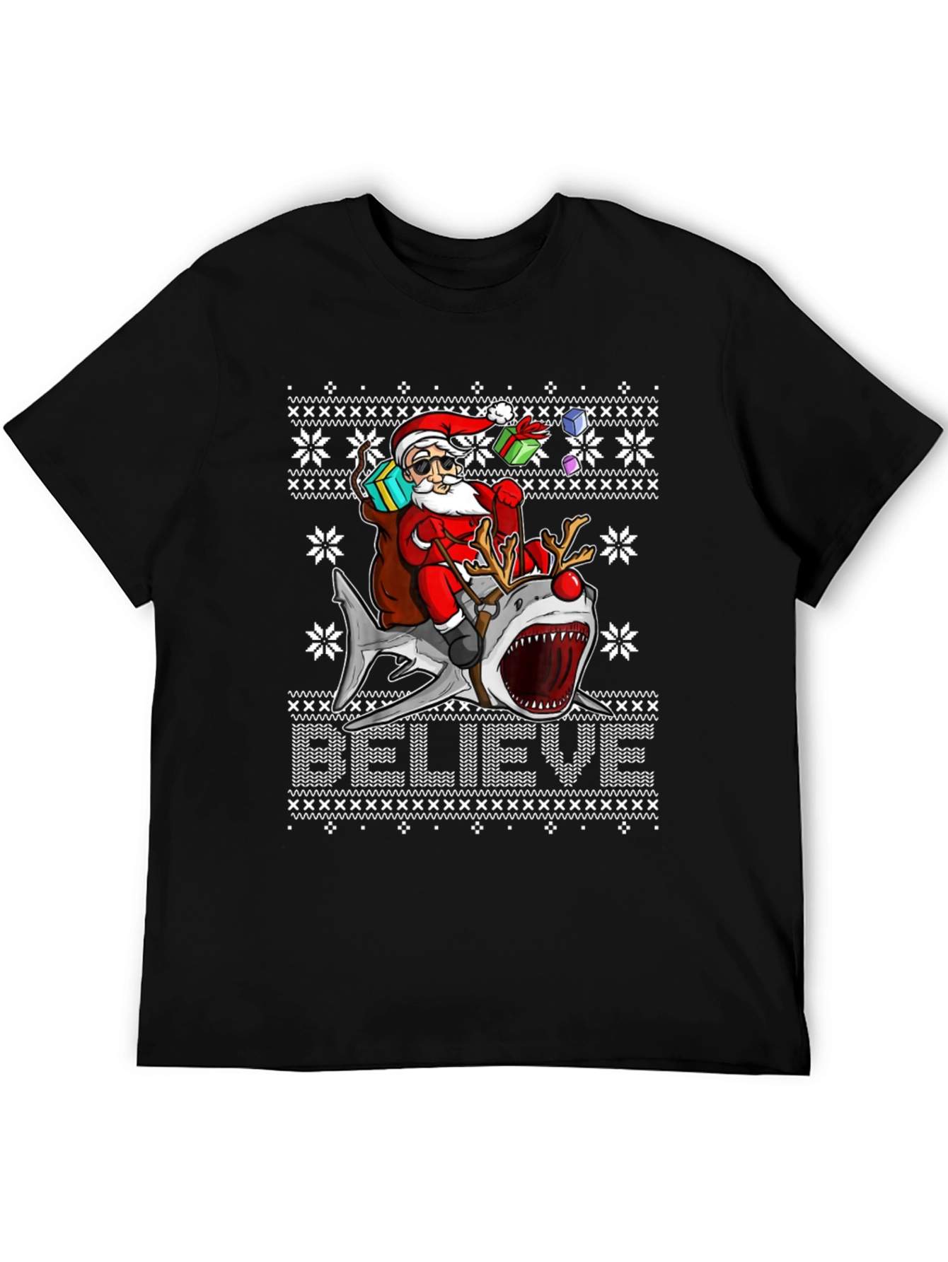Santa Riding Shark Ugly Christmas Sweater T-Shirt