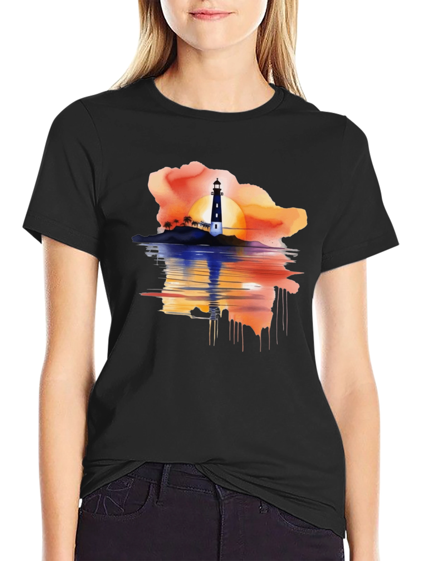Sunset Lighthouse Graphic Tee - Black Casual T-Shirt