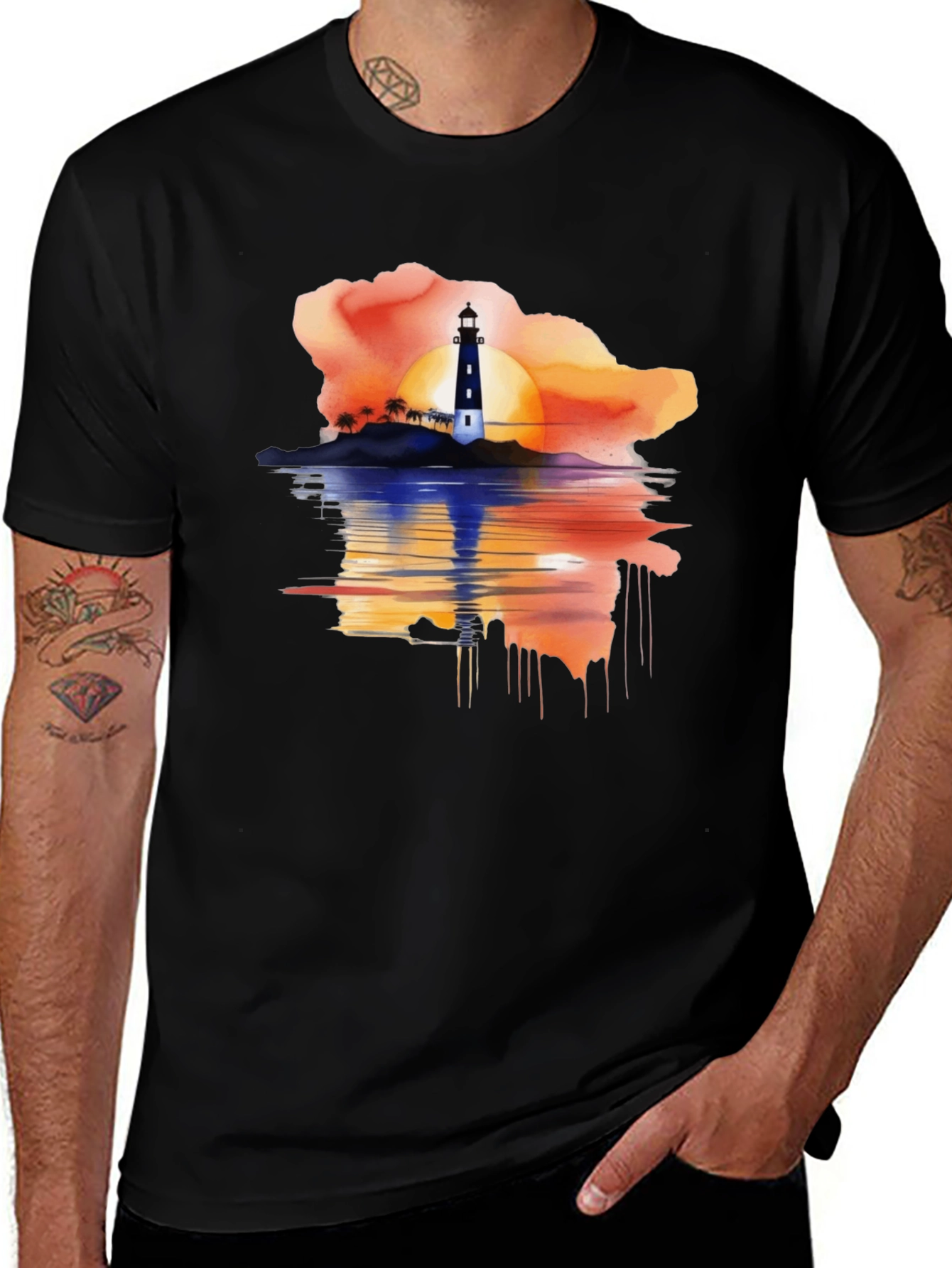 Sunset Lighthouse Graphic Tee - Black Casual T-Shirt