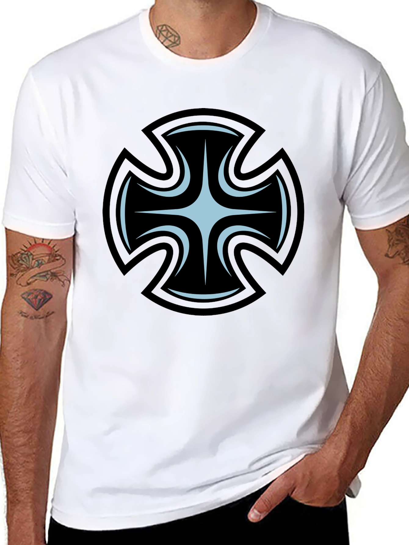 Mens Black T-Shirt with Unique Cross Graphic