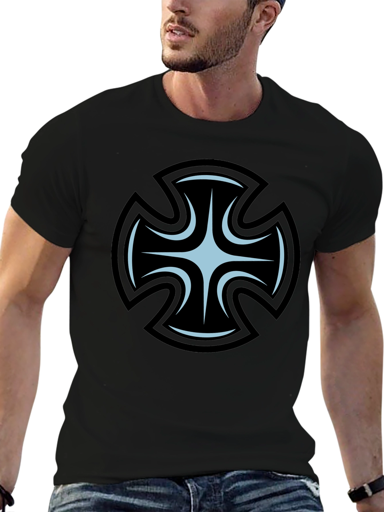 Mens Black T-Shirt with Unique Cross Graphic