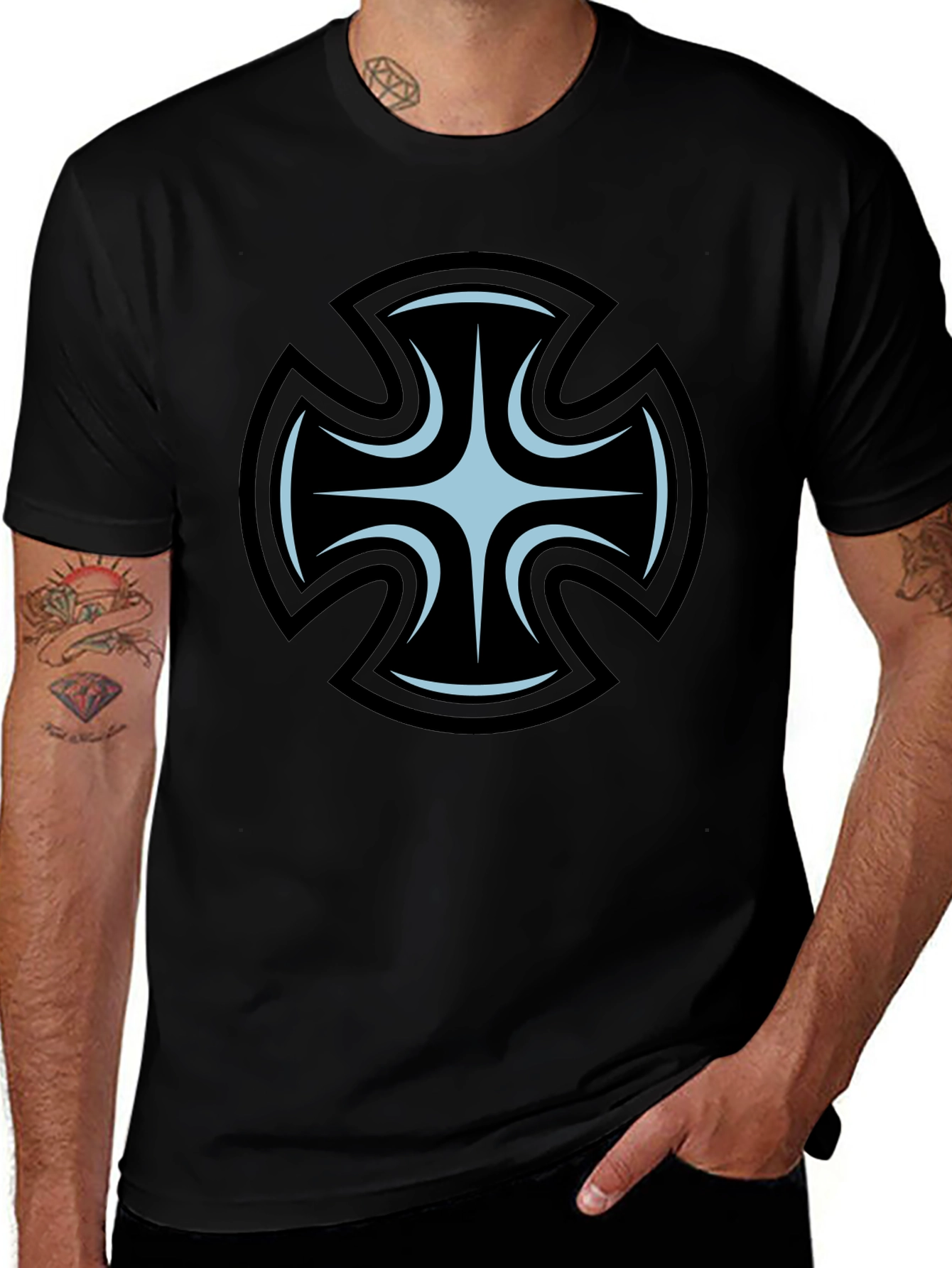 Mens Black T-Shirt with Unique Cross Graphic