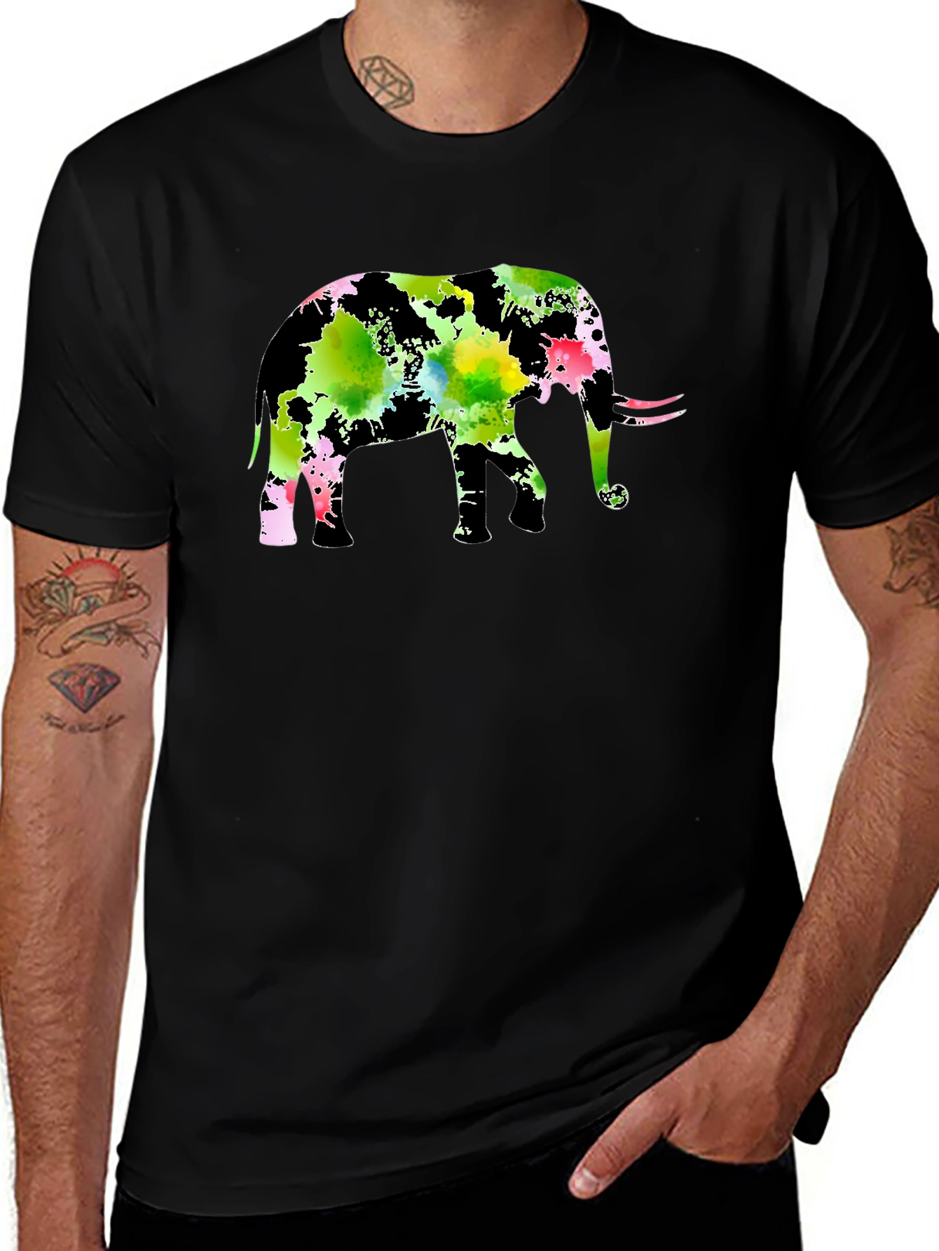Watercolor Elephant Black T-Shirt