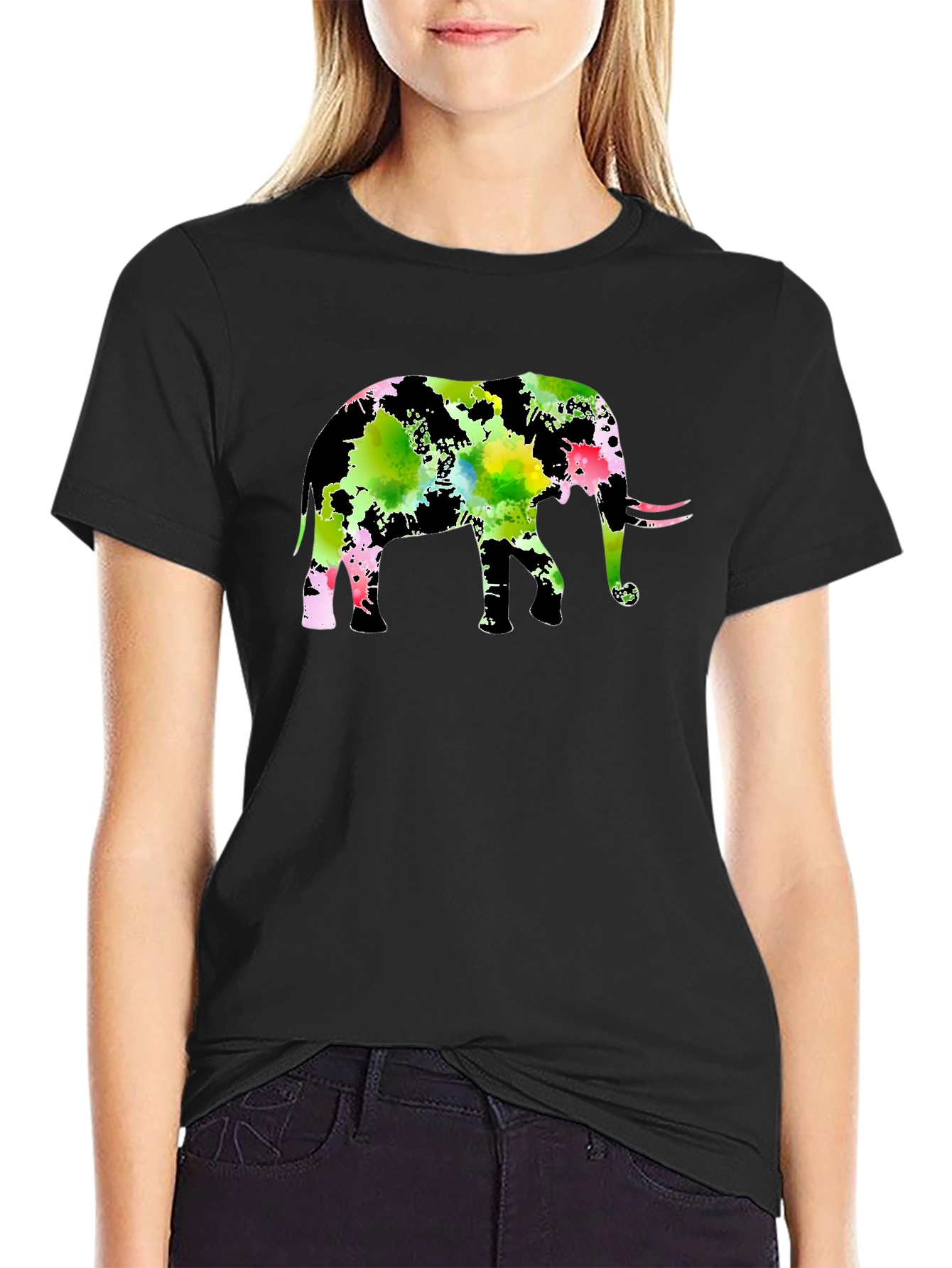 Watercolor Elephant Black T-Shirt