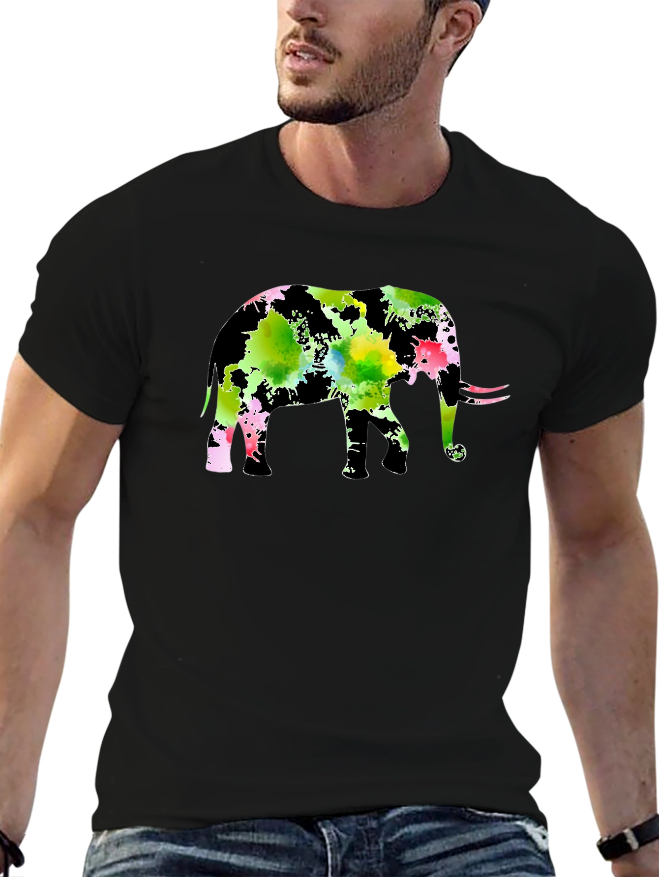 Watercolor Elephant Black T-Shirt
