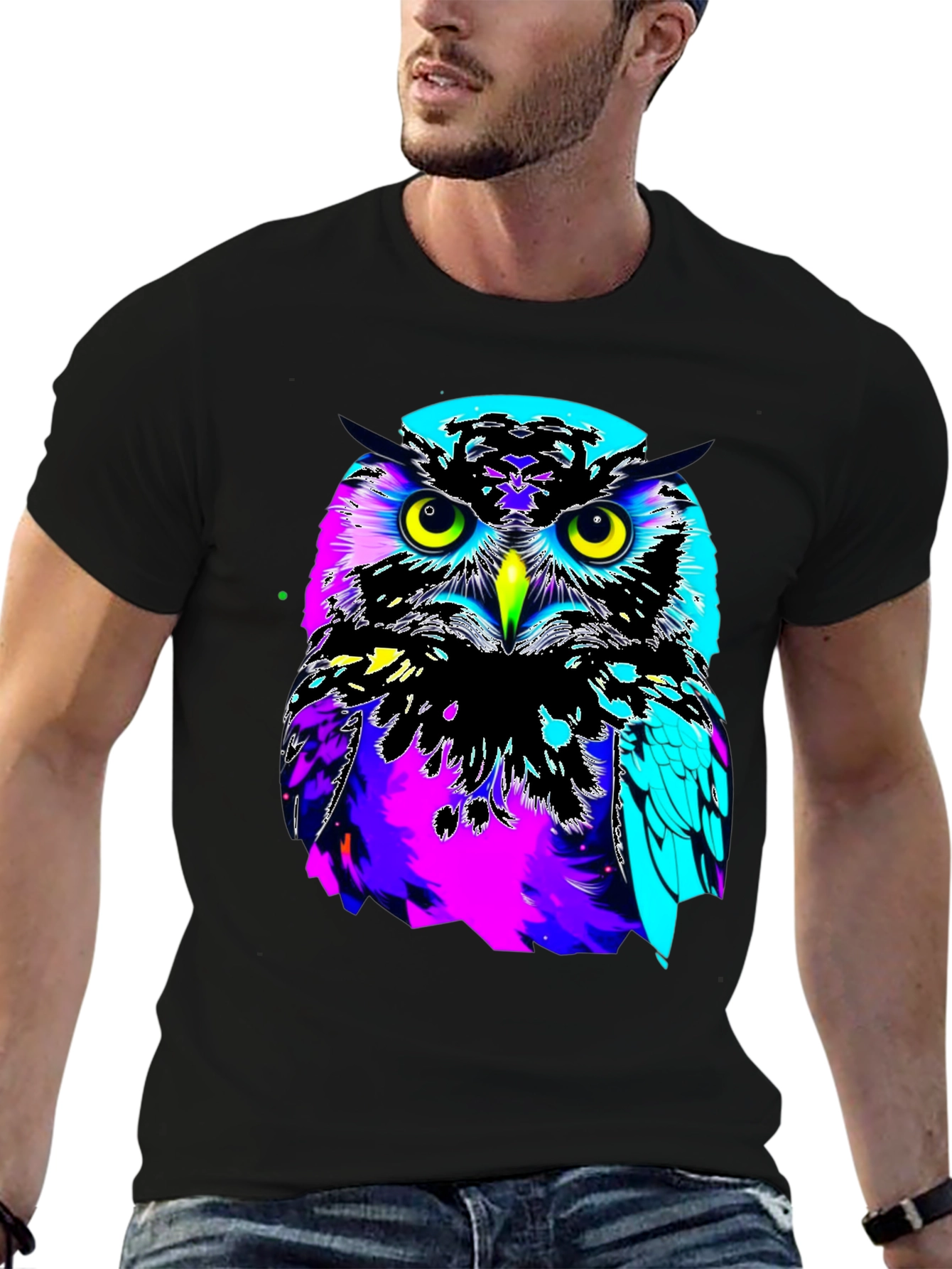 Vibrant Owl Graphic Black T-Shirt