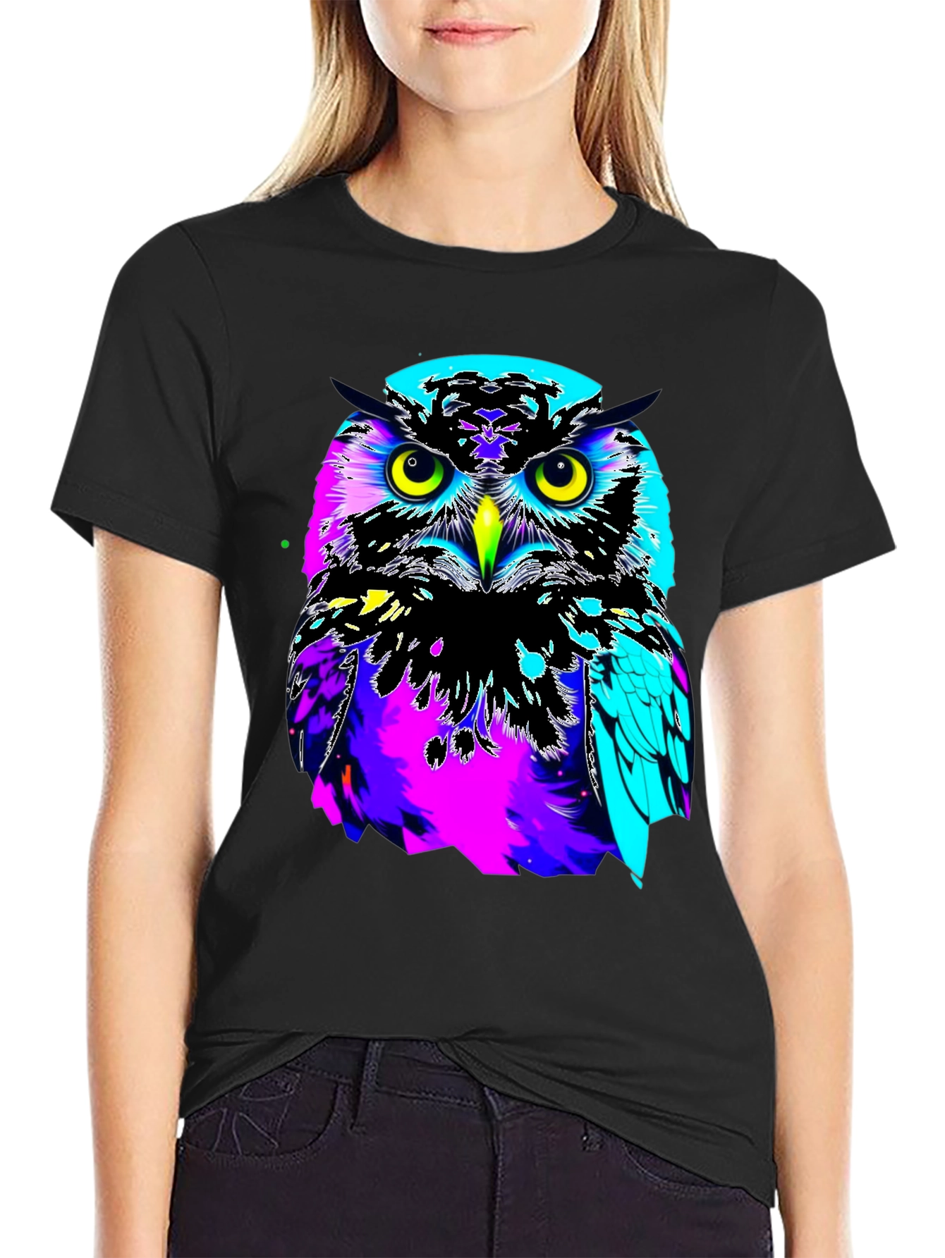 Vibrant Owl Graphic Black T-Shirt
