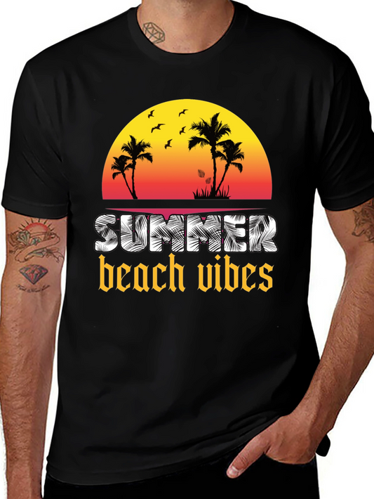 Summer Beach Vibes Black T-Shirt - Palm Tree Sunset Graphic Tee
