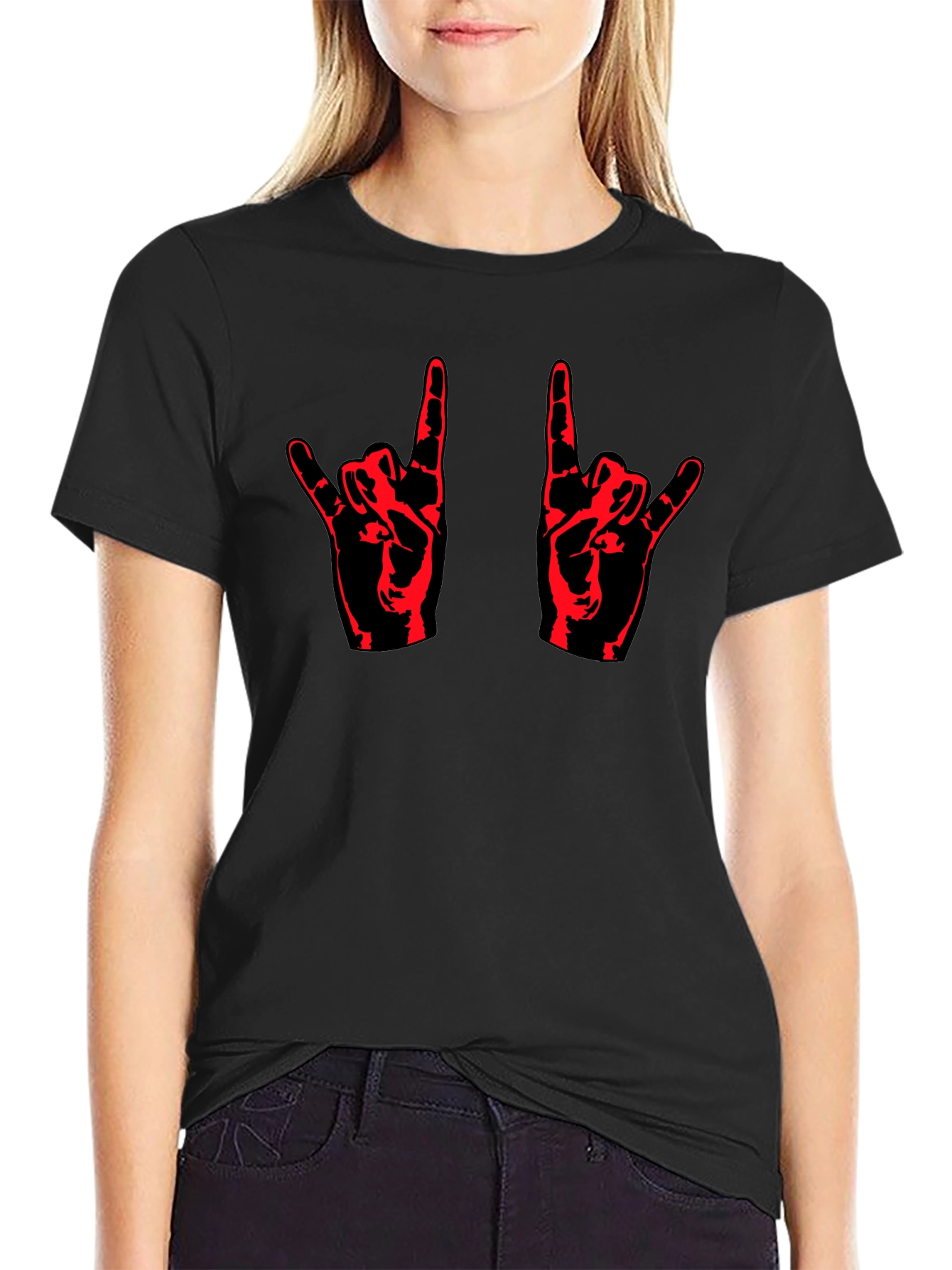 Rock On! Black T-Shirt with Red Hand Design