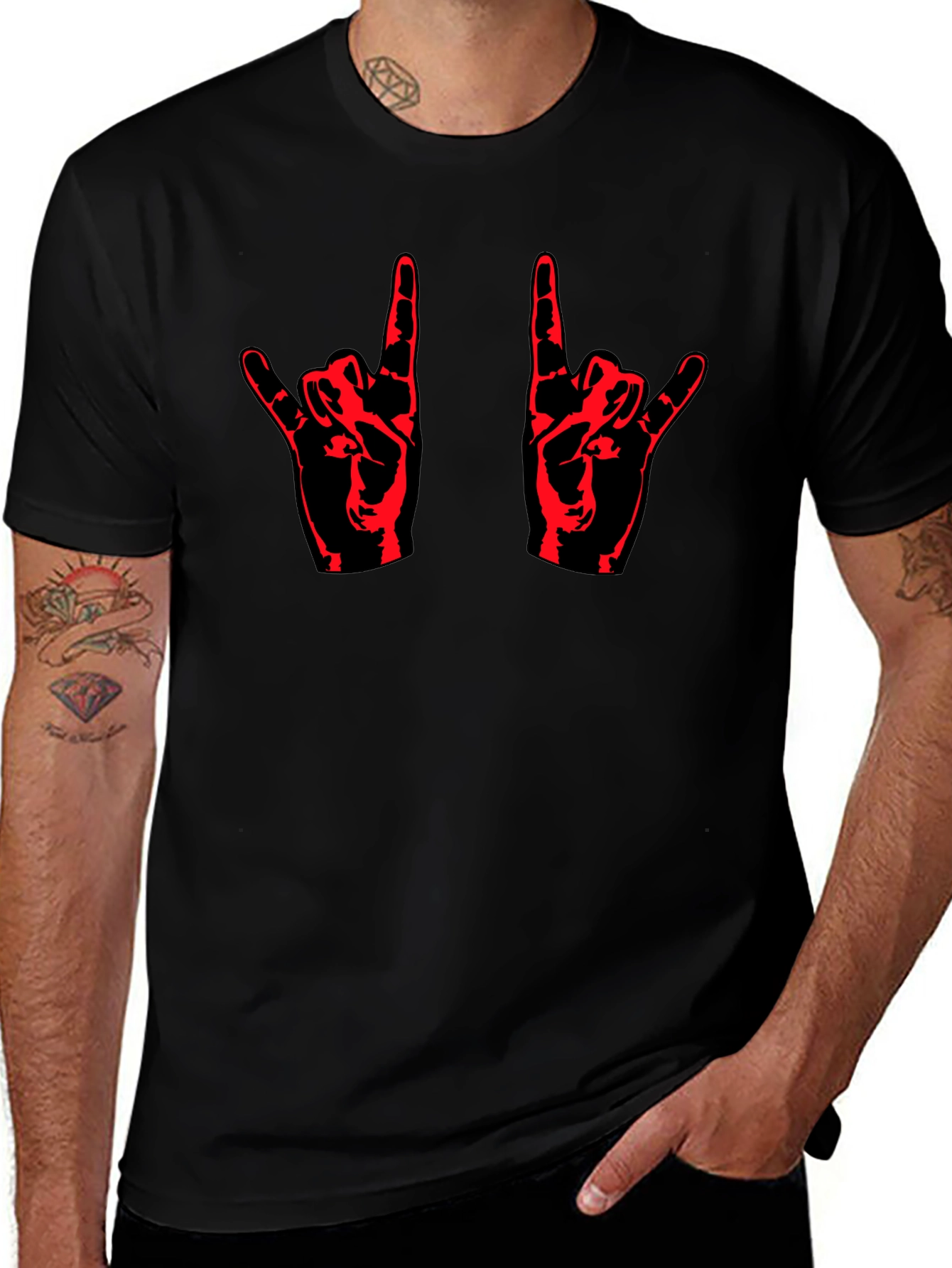 Rock On! Black T-Shirt with Red Hand Design