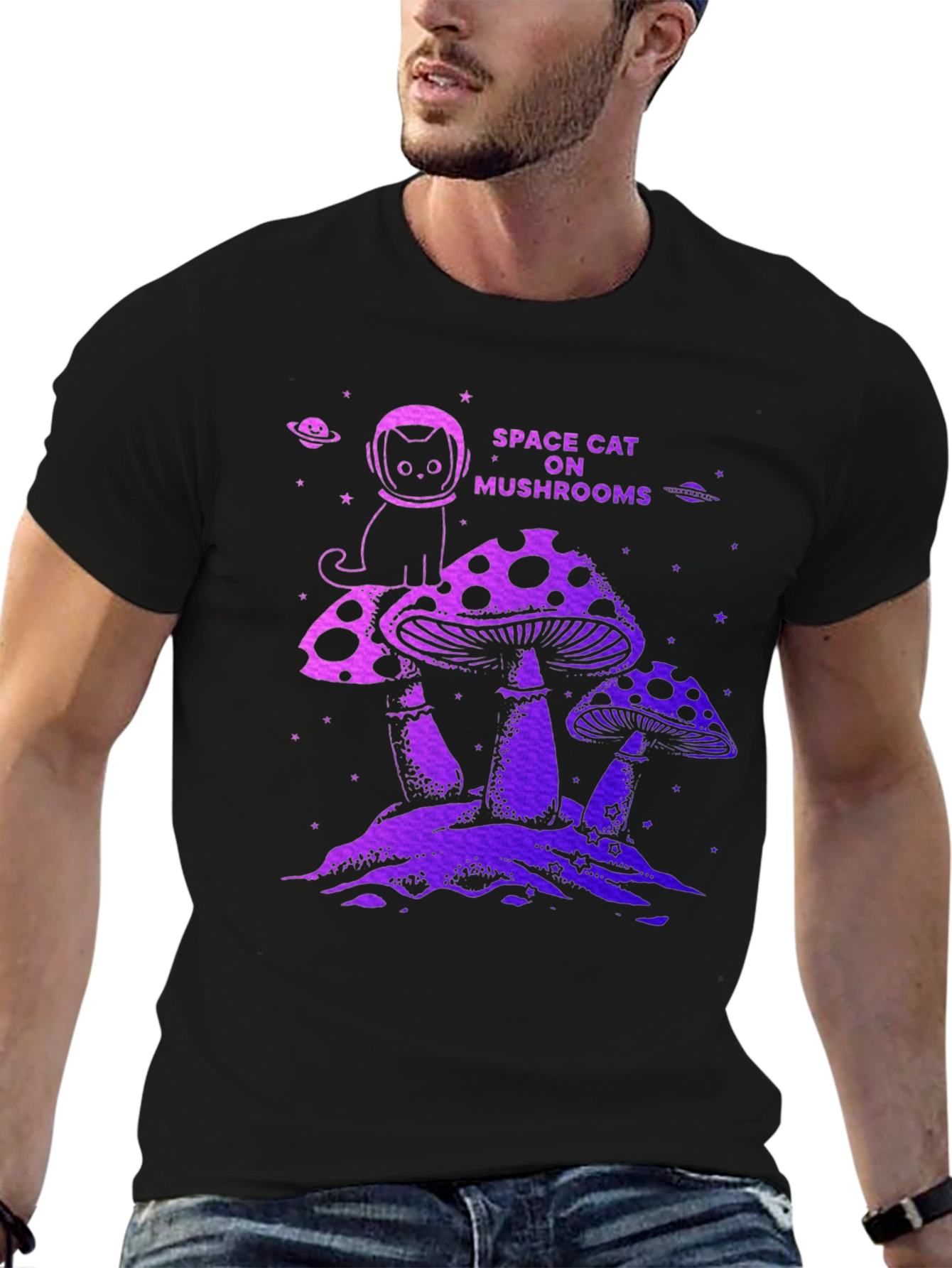 Space Cat on Mushrooms Graphic T-Shirt