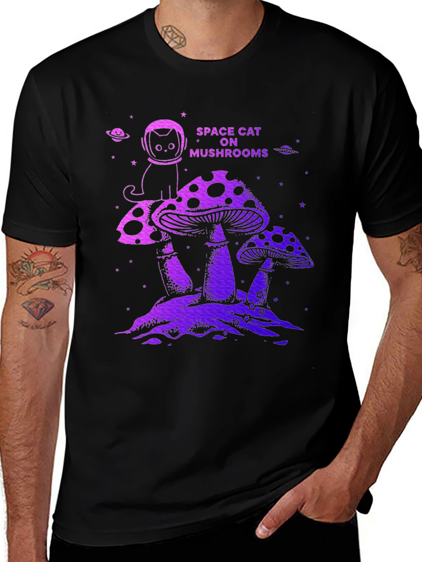 Space Cat on Mushrooms Graphic T-Shirt