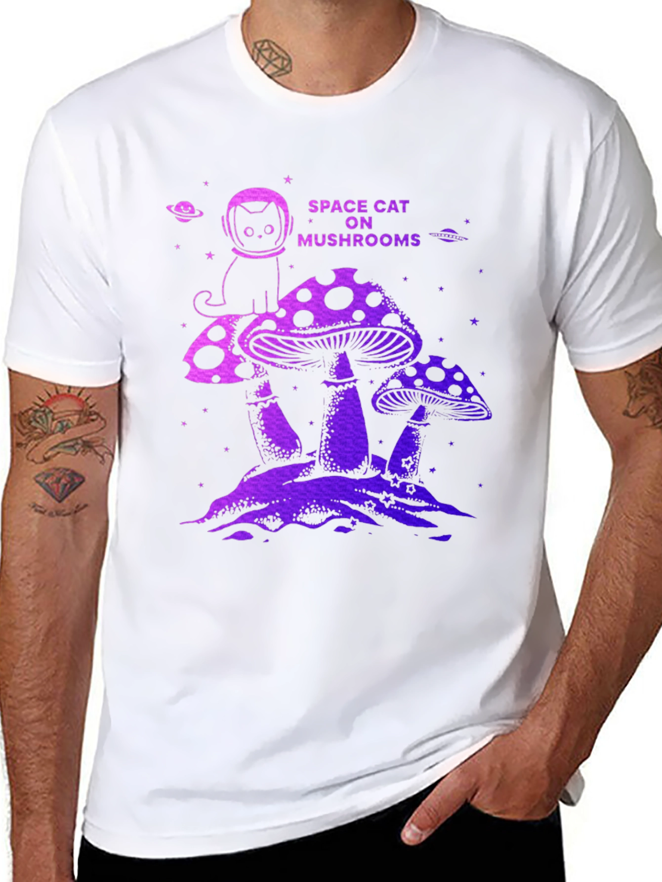 Space Cat on Mushrooms Graphic T-Shirt