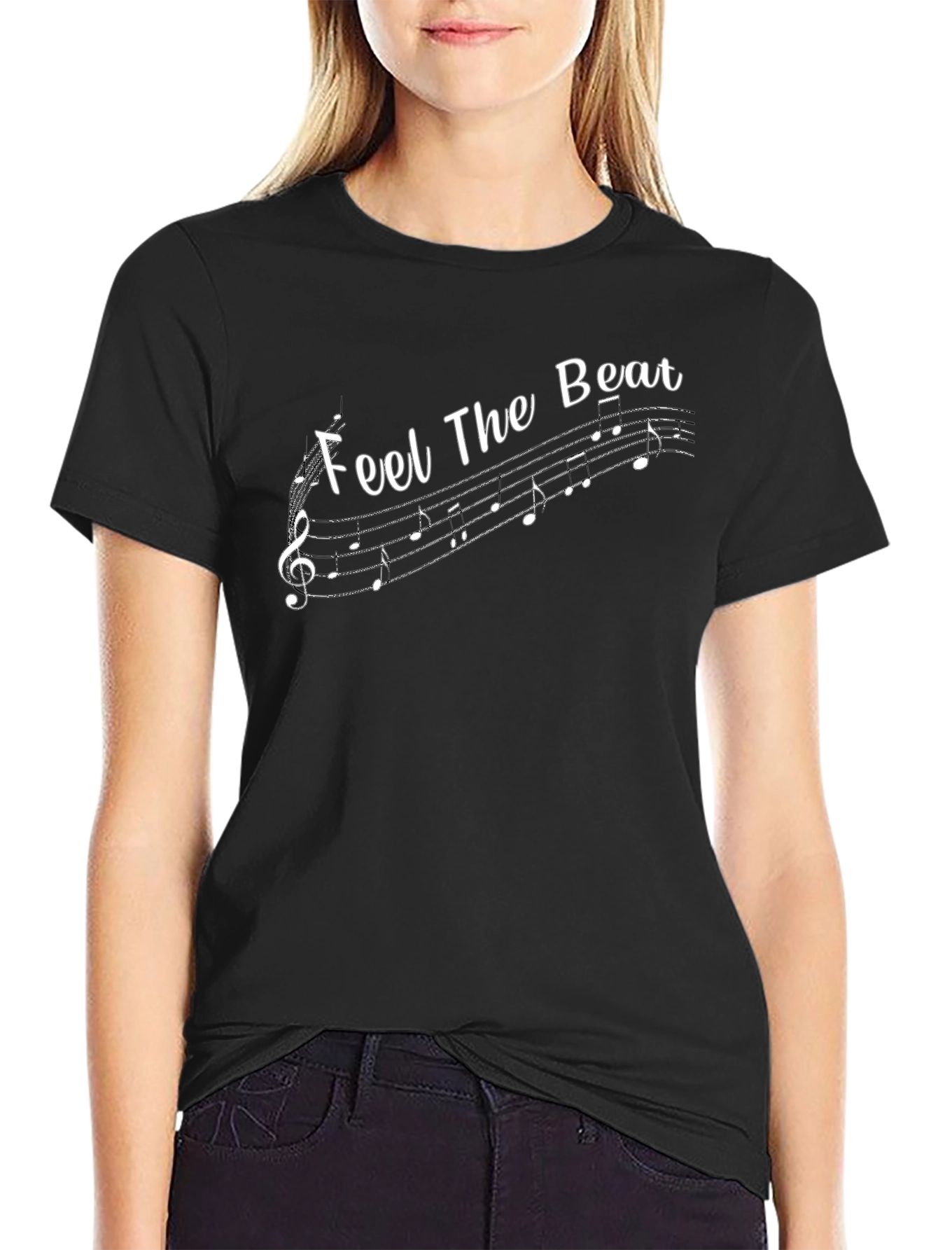 Feel the Beat Music Note Graphic Black T-Shirt
