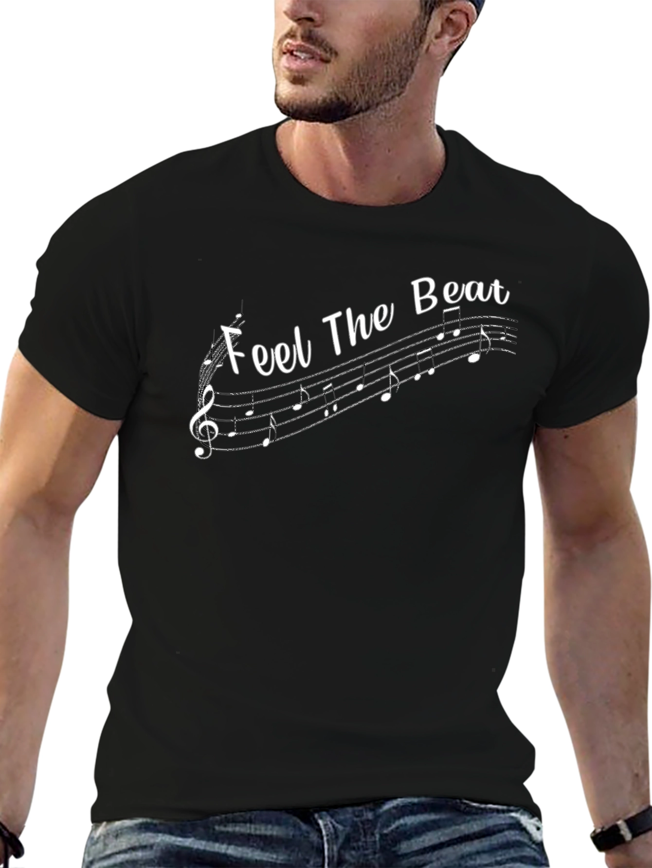 Feel the Beat Music Note Graphic Black T-Shirt