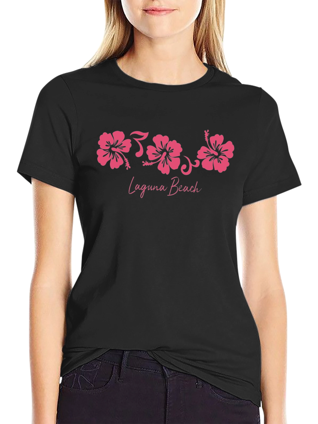Laguna Beach Pink Hibiscus Black T-Shirt