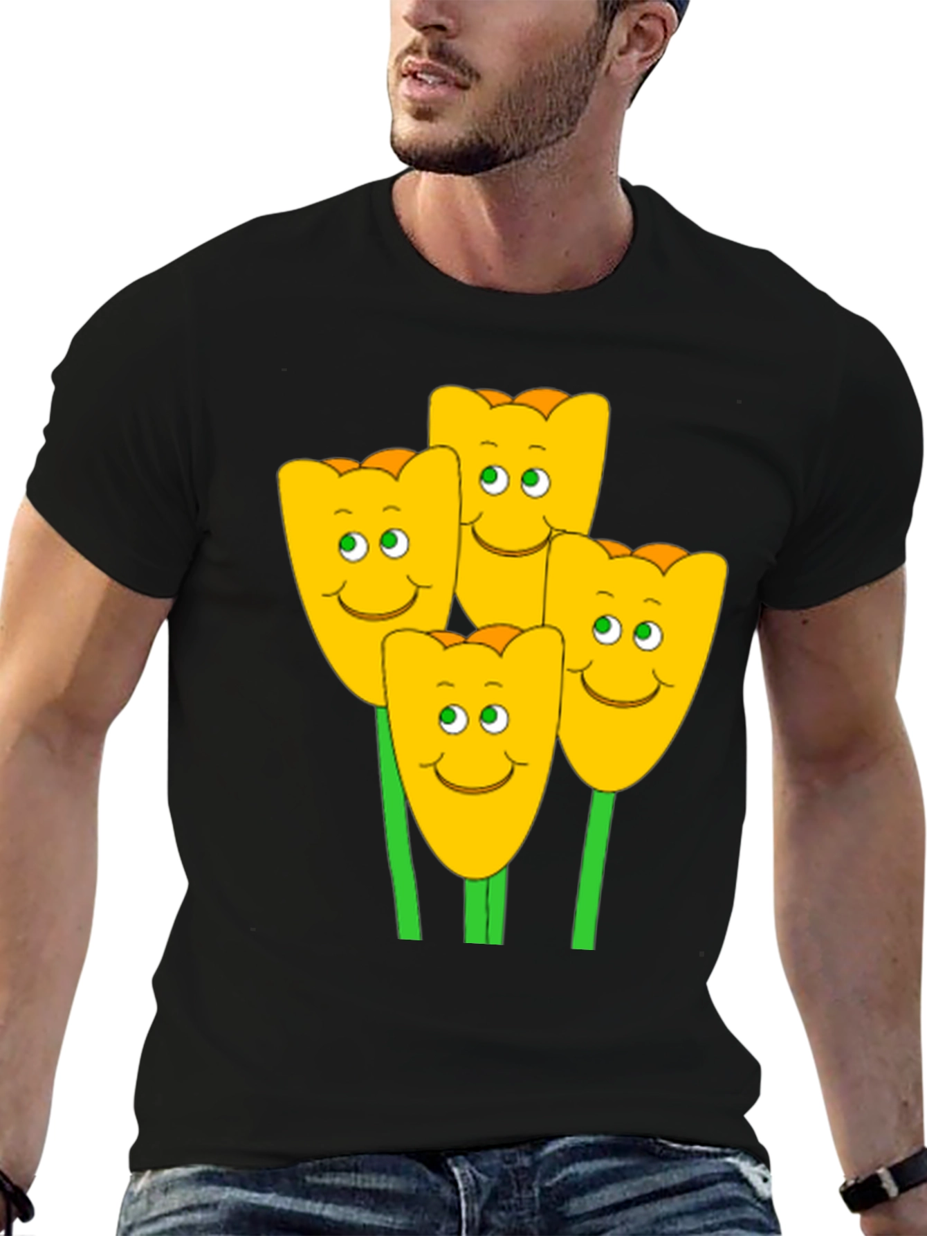 Happy Tulip Graphic T-Shirt - Mens Black Tee