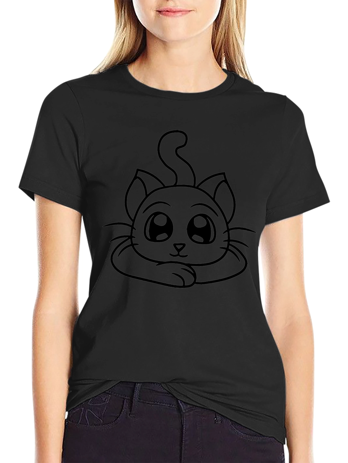 Cute Cartoon Cat Black T-Shirt
