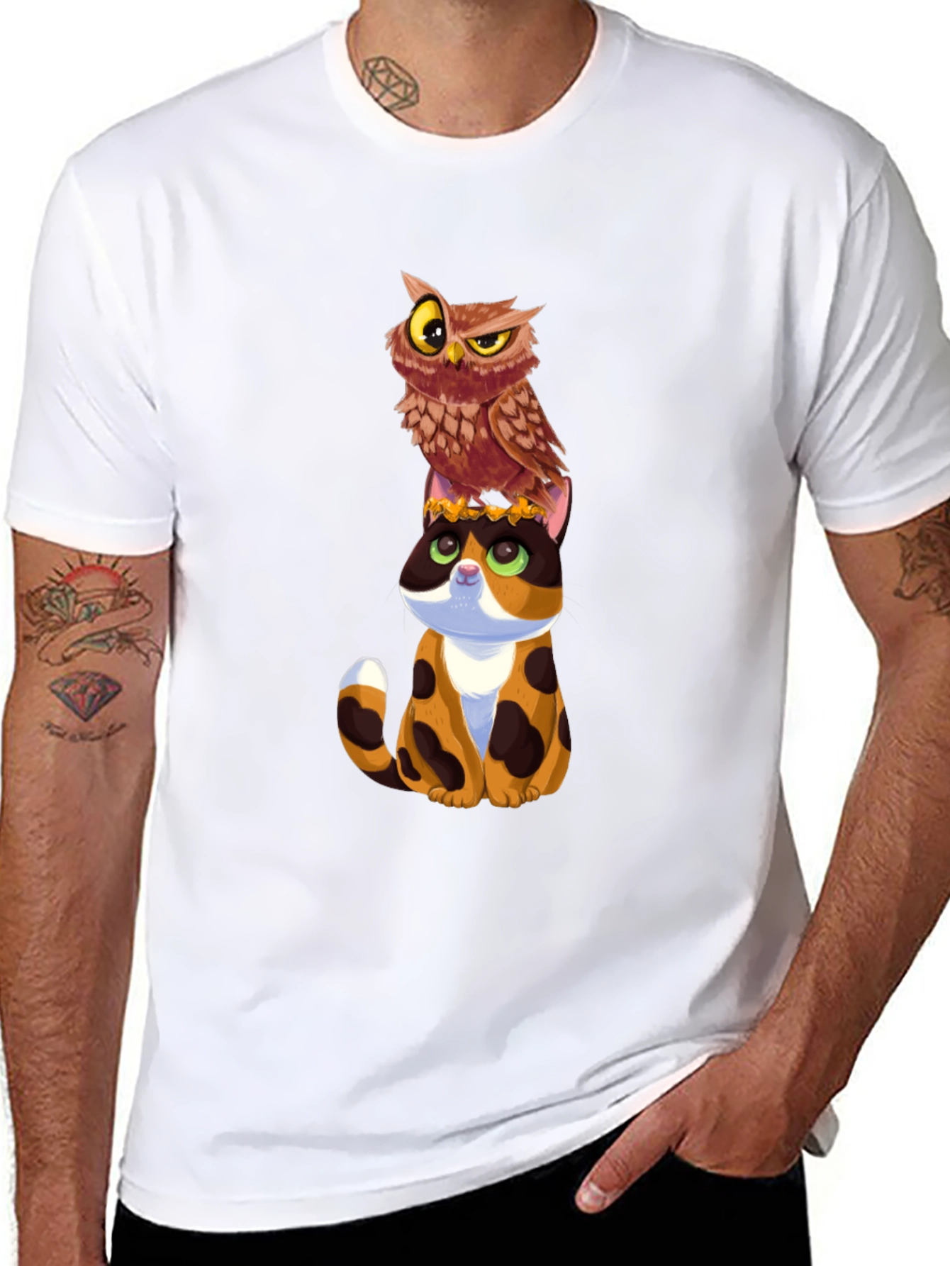 Owl and Cat Graphic T-Shirt - Unique Design