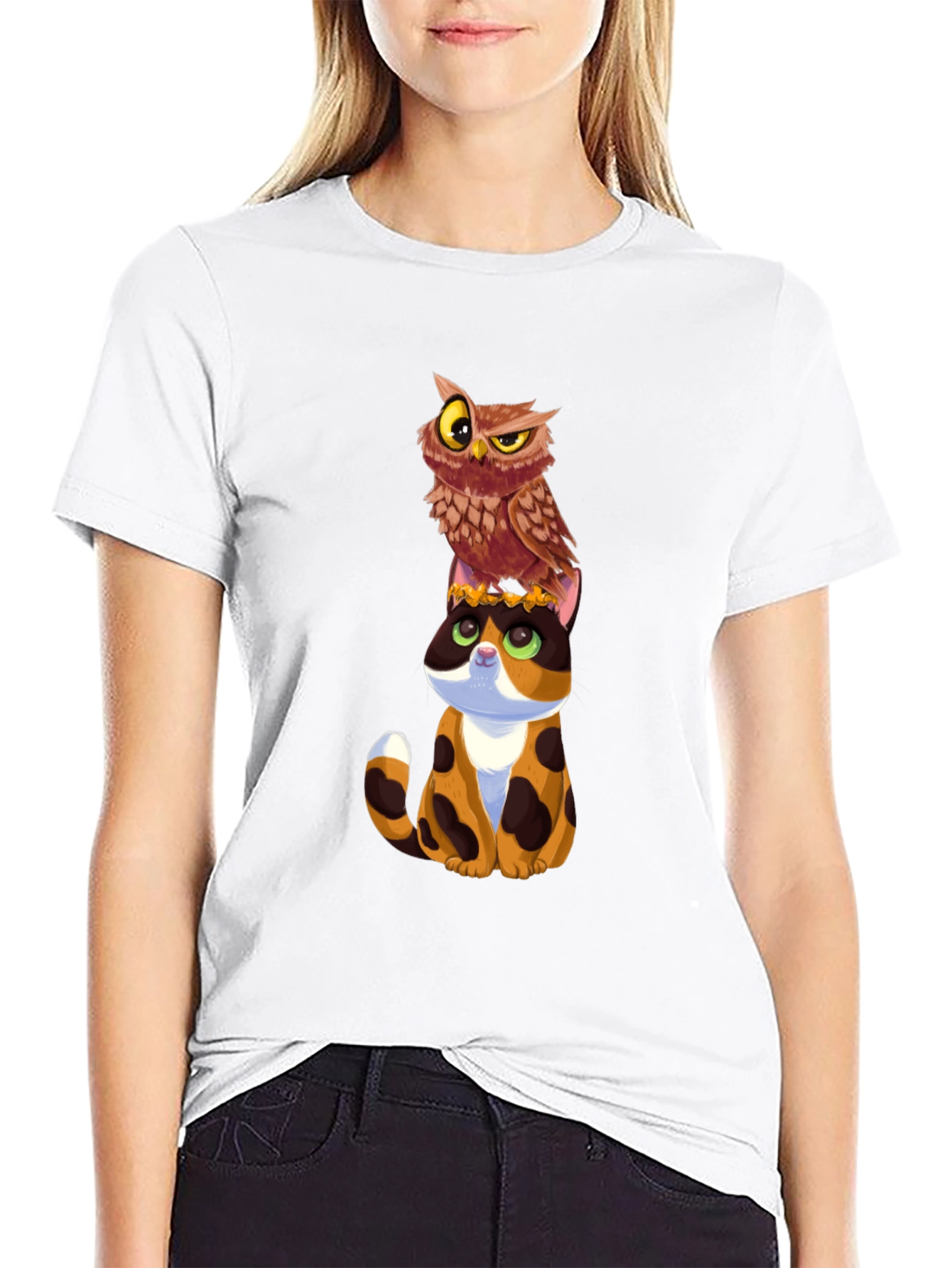 Owl and Cat Graphic T-Shirt - Unique Design