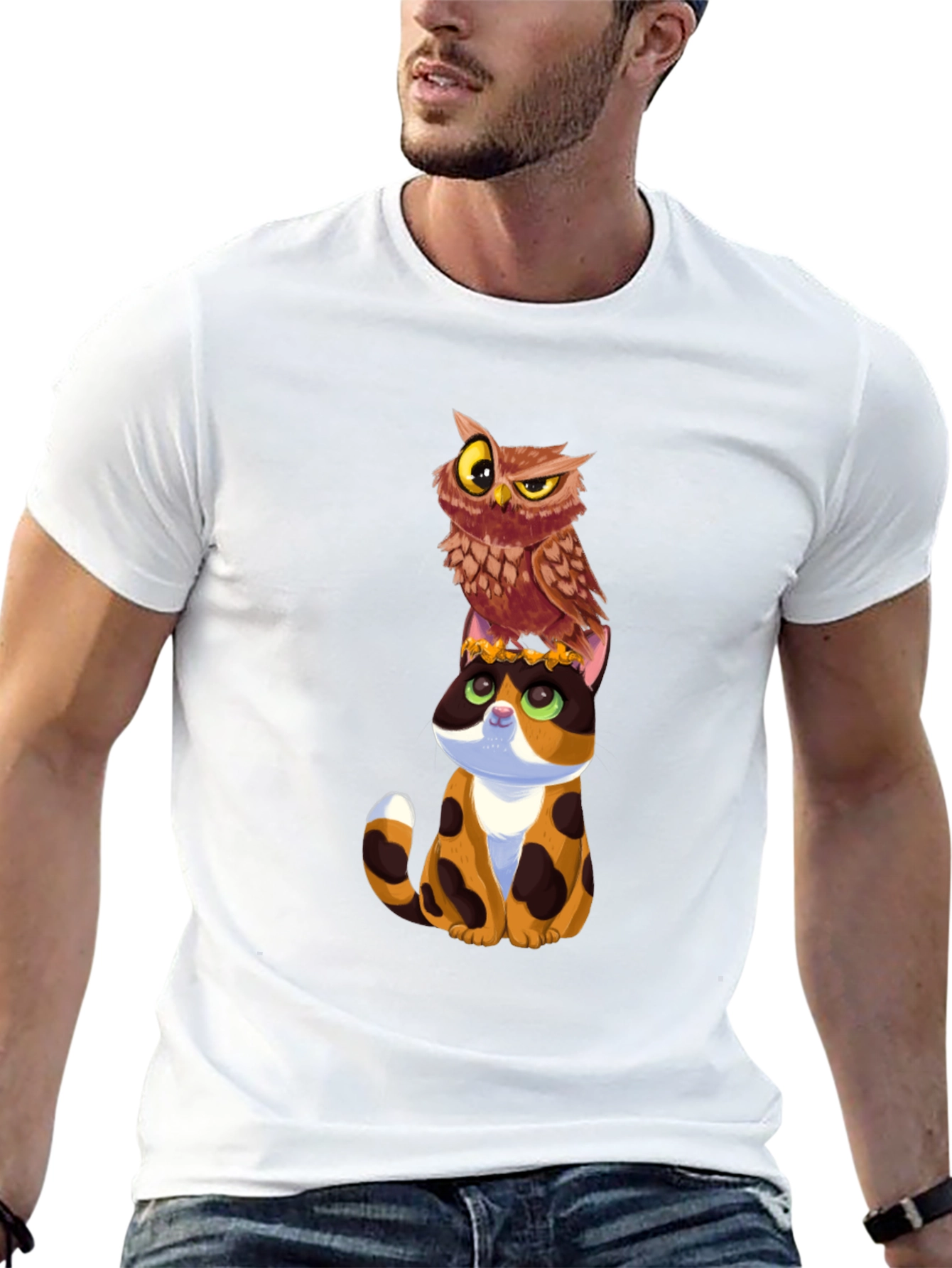 Owl and Cat Graphic T-Shirt - Unique Design