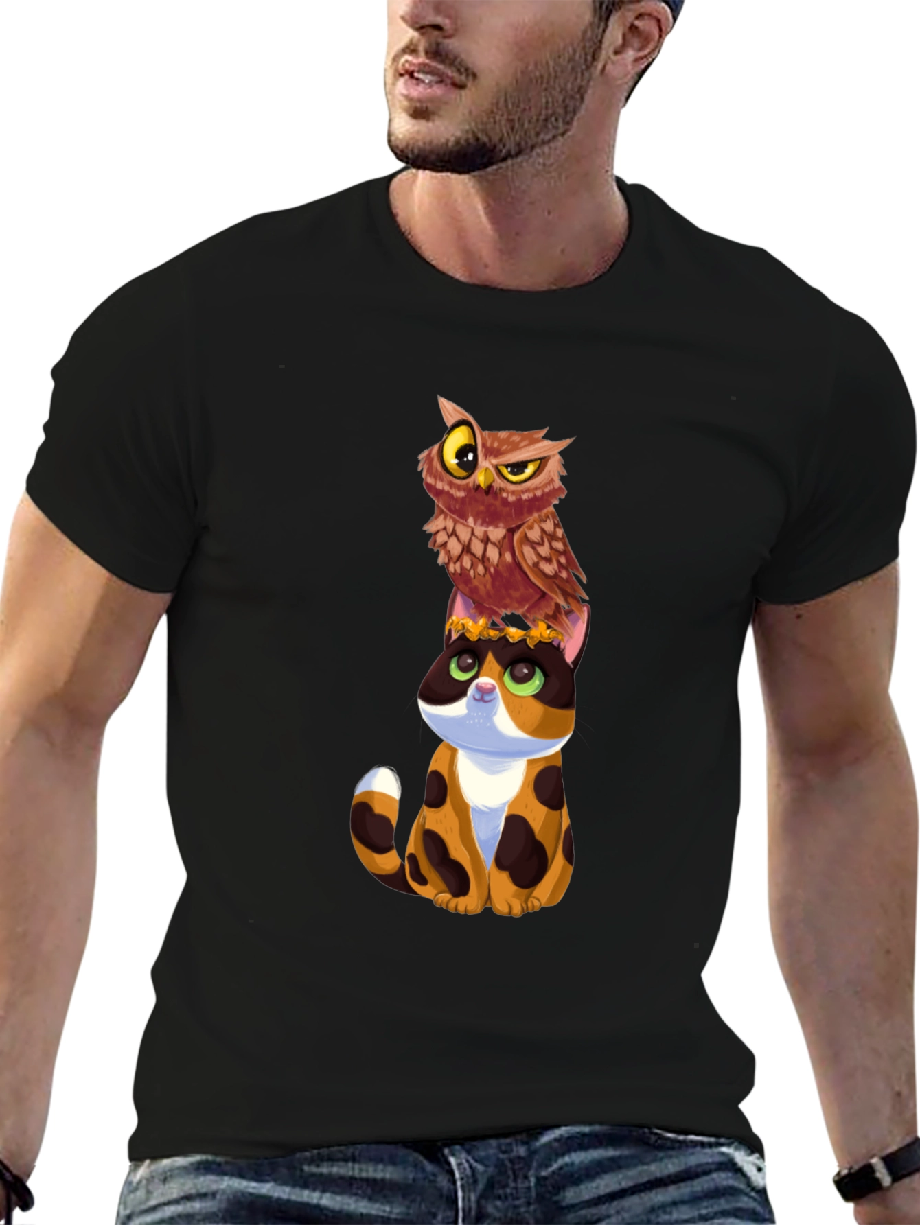 Owl and Cat Graphic T-Shirt - Unique Design