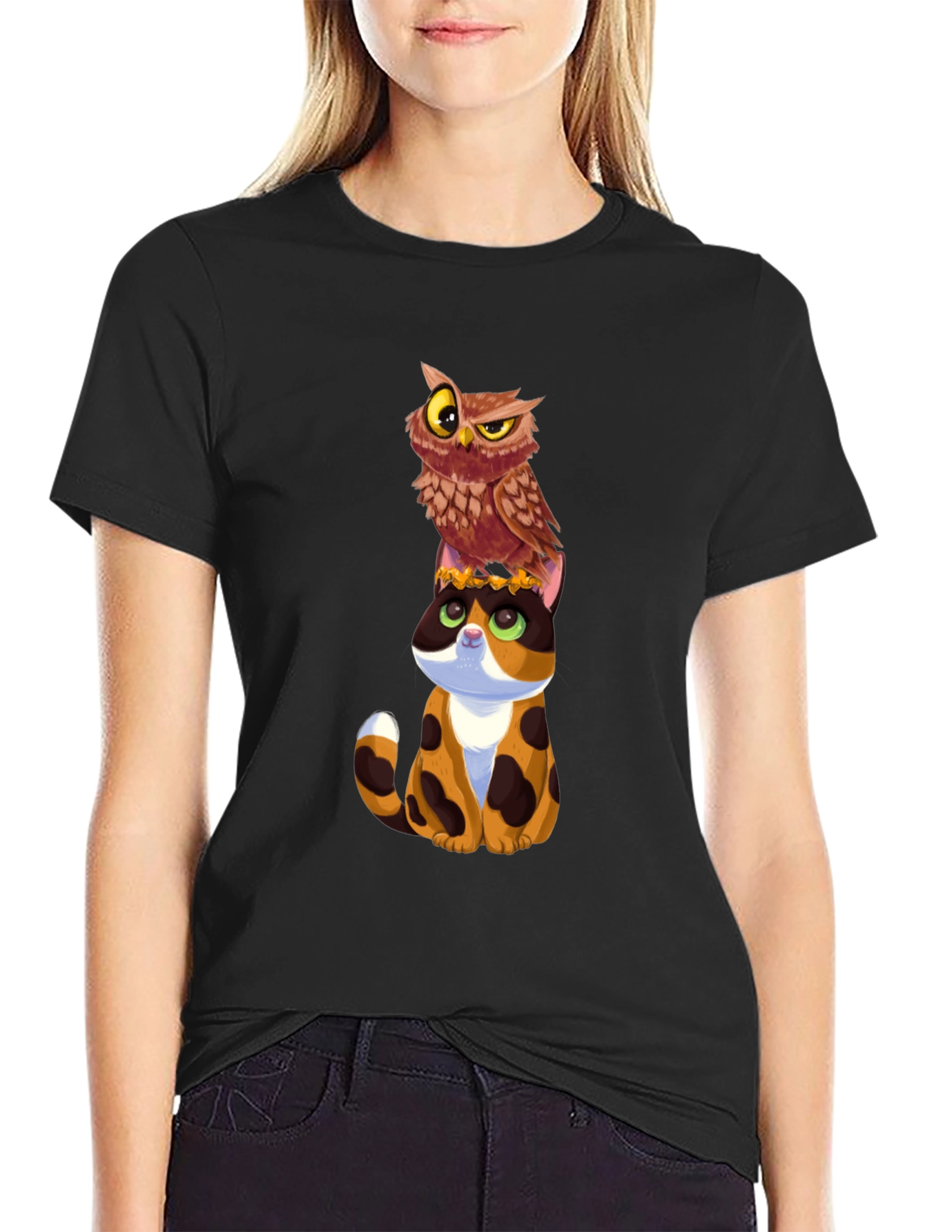 Owl and Cat Graphic T-Shirt - Unique Design